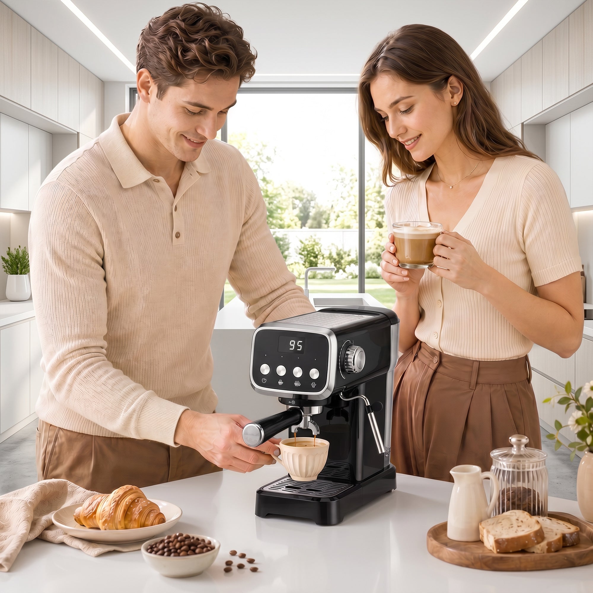 Espresso Machine with Milk Frother Wand, 1350W Semi Automatic 20 Bar Coffee Machine with 1.2L Water Tank, Latte and Cappuccino Maker with Single/Double Shot, Hot Water, Cup Warming, Black