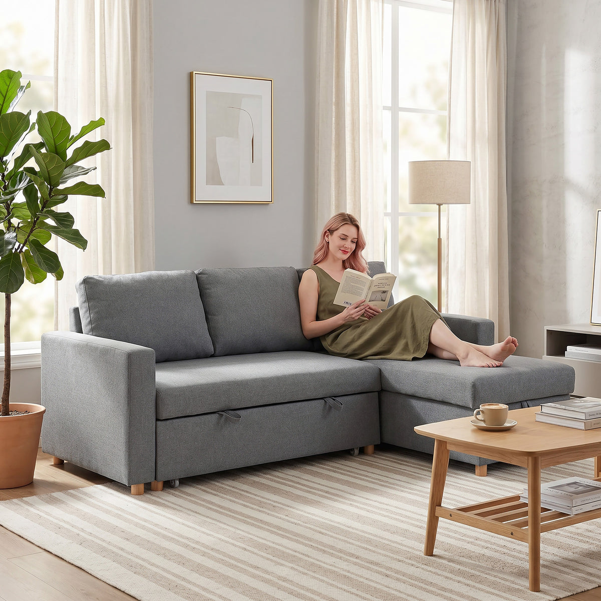 83" Sofa Bed, Convertible Pull Out Sleeper Sofa, Linen L Shaped Sectional Couch with Reversible Storage Chaise, Wide and Deep Seat for Living Room, Apartment, Light Grey
