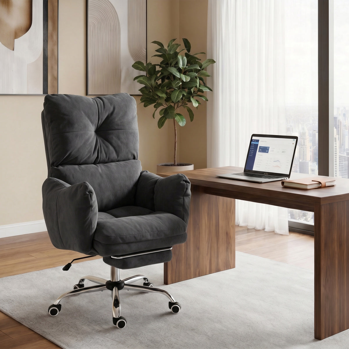 Office Chair with Foot Rest, Ergonomic Reclining Computer Gaming Chair with Snow Flannel Fabric, Thick Cushion, Padded Armrest, High Back and Adjustable Height, Dark Grey
