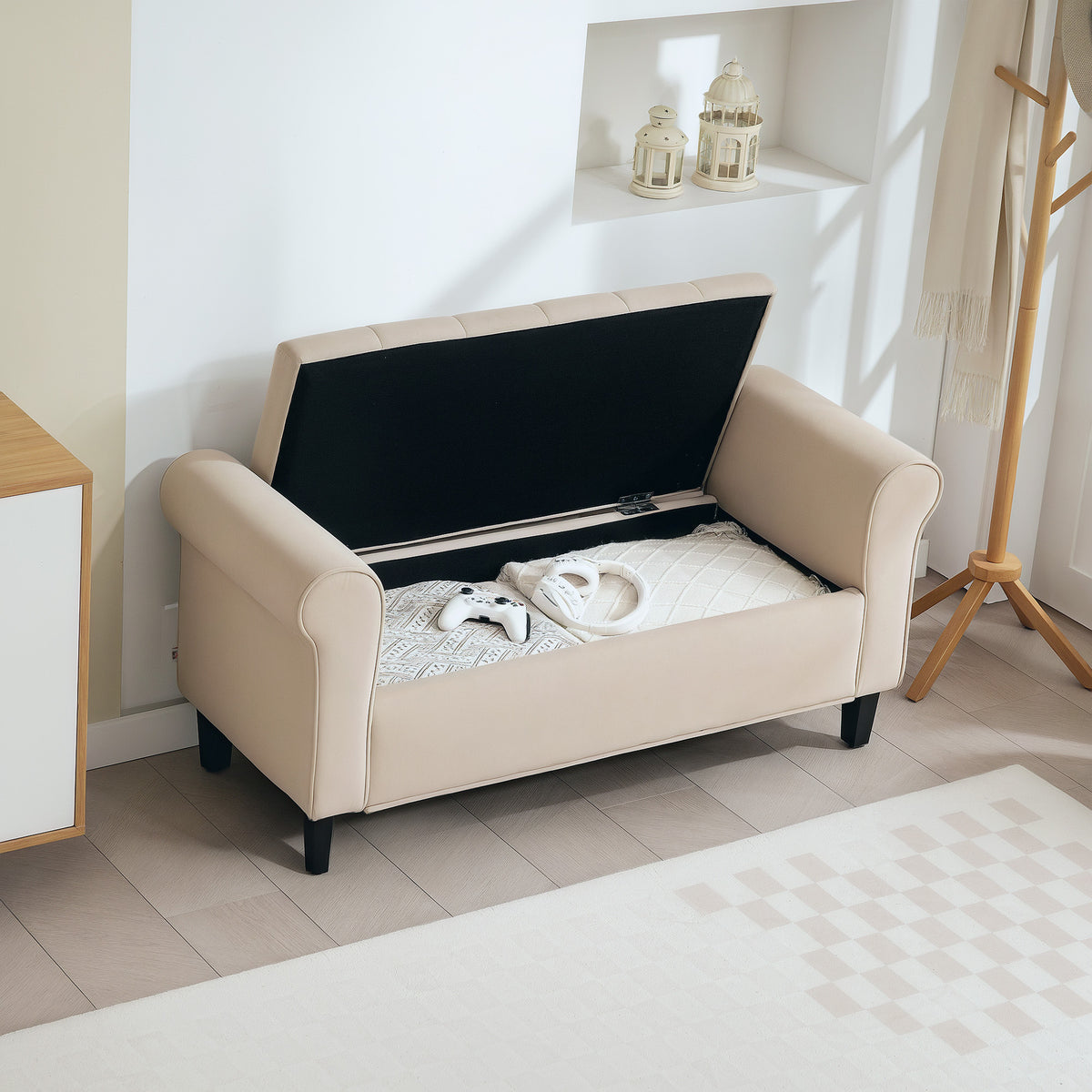 50" Storage Ottoman, Upholstered Bedroom Bench with Rolled Arms, Wood Legs, Button Tufted Storage Bench Seat with Safety Hinges for Entryway, Bedroom, Beige