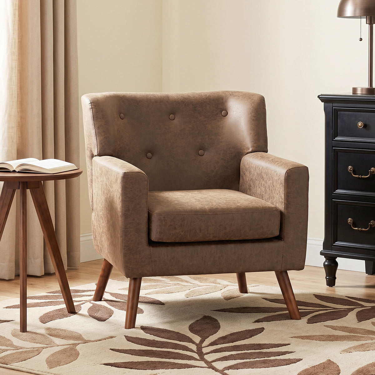 PU Leather Accent Chair, Mid Century Modern Armchair with Spring Seat Cushion, Tufted Back, Upholstered Club Chair with Wood Legs for Living Room Bedroom Study, Brown