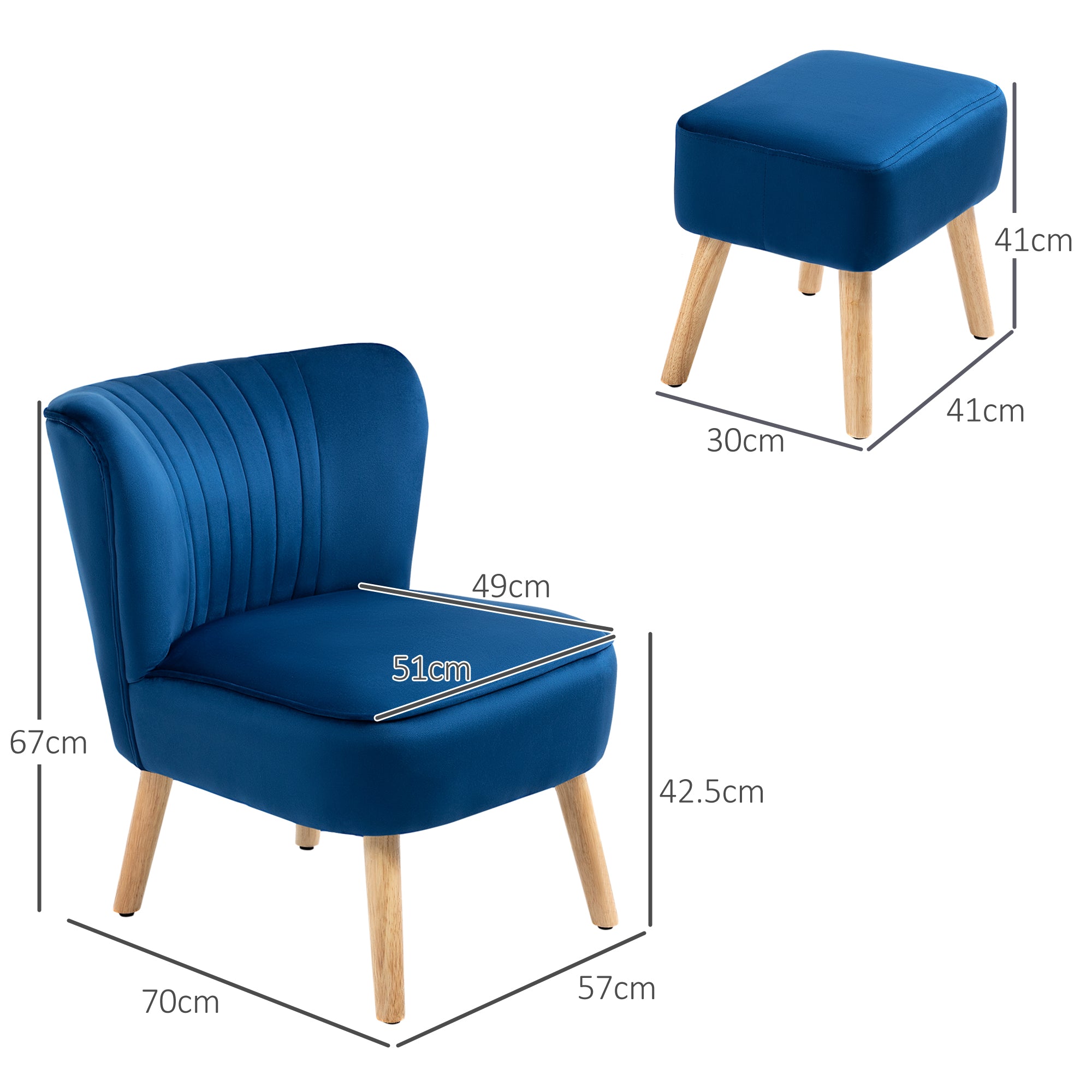 HOMCOM Velvet Accent Chair Occasional Tub Seat Padding Curved Back with Ottoman Wood Frame Legs Home Furniture Dark Blue