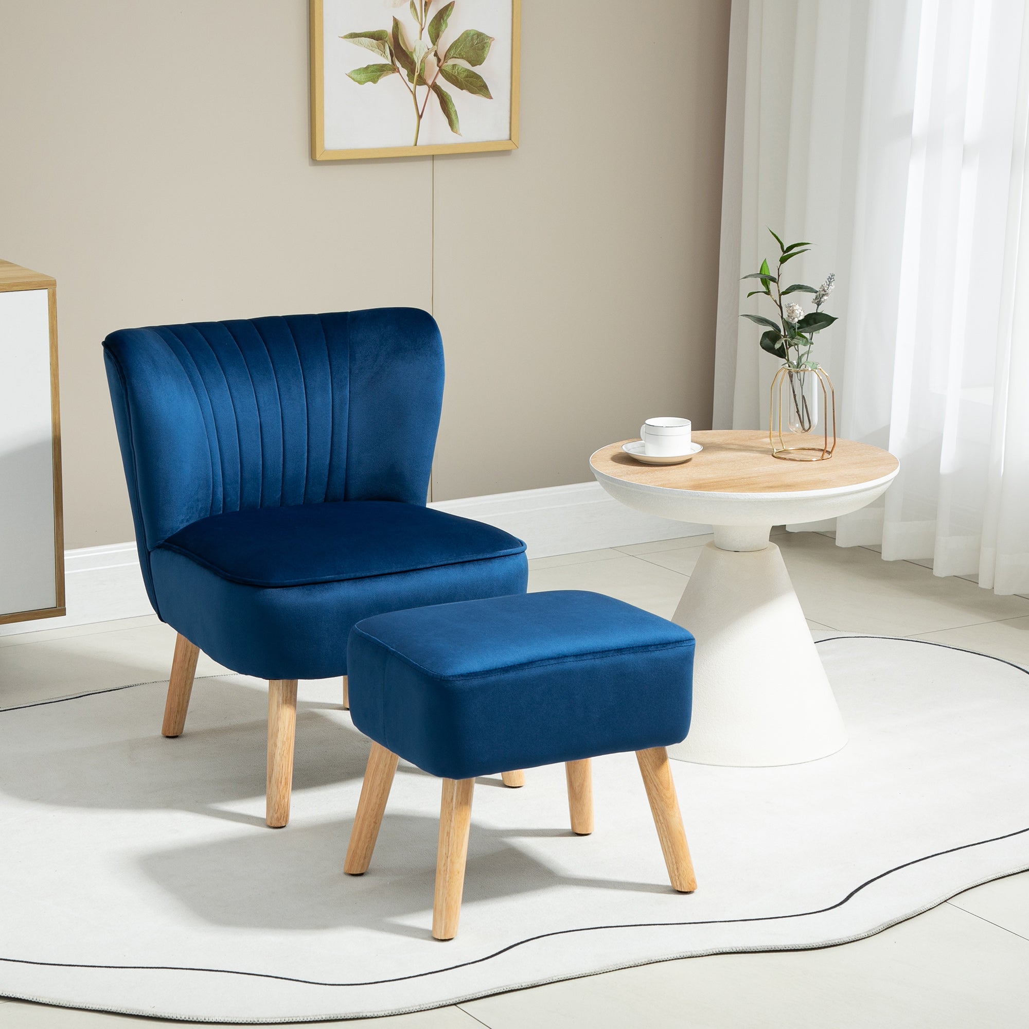 HOMCOM Velvet Accent Chair Occasional Tub Seat Padding Curved Back with Ottoman Wood Frame Legs Home Furniture Dark Blue