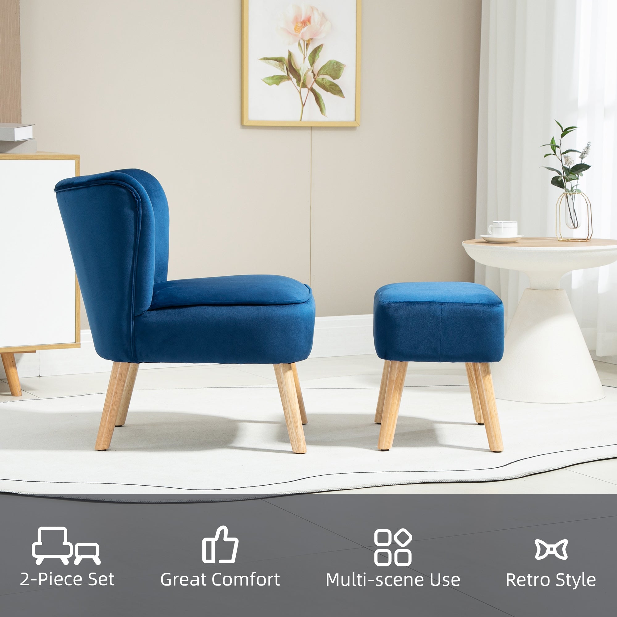 HOMCOM Velvet Accent Chair Occasional Tub Seat Padding Curved Back with Ottoman Wood Frame Legs Home Furniture Dark Blue