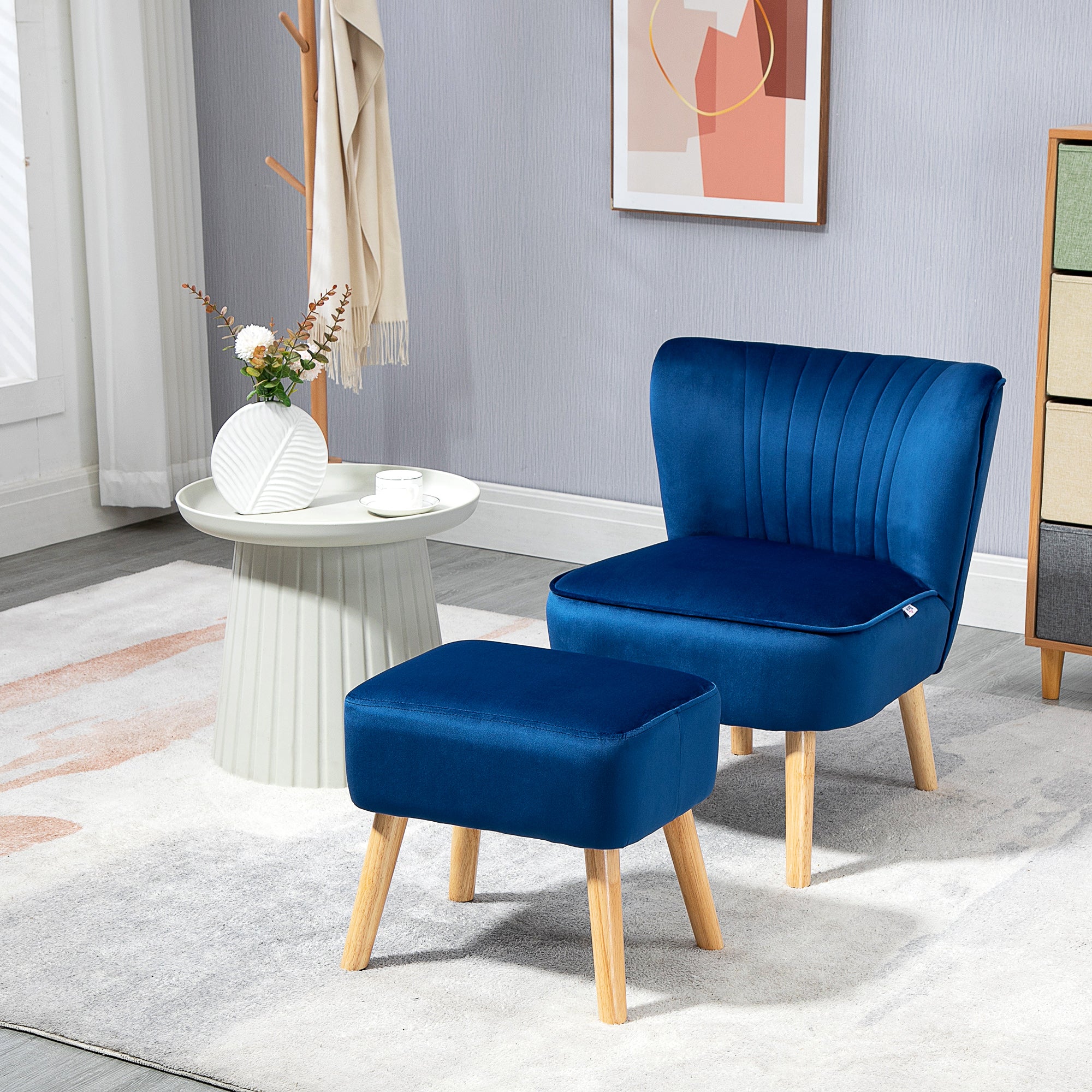 HOMCOM Velvet Accent Chair Occasional Tub Seat Padding Curved Back with Ottoman Wood Frame Legs Home Furniture Dark Blue
