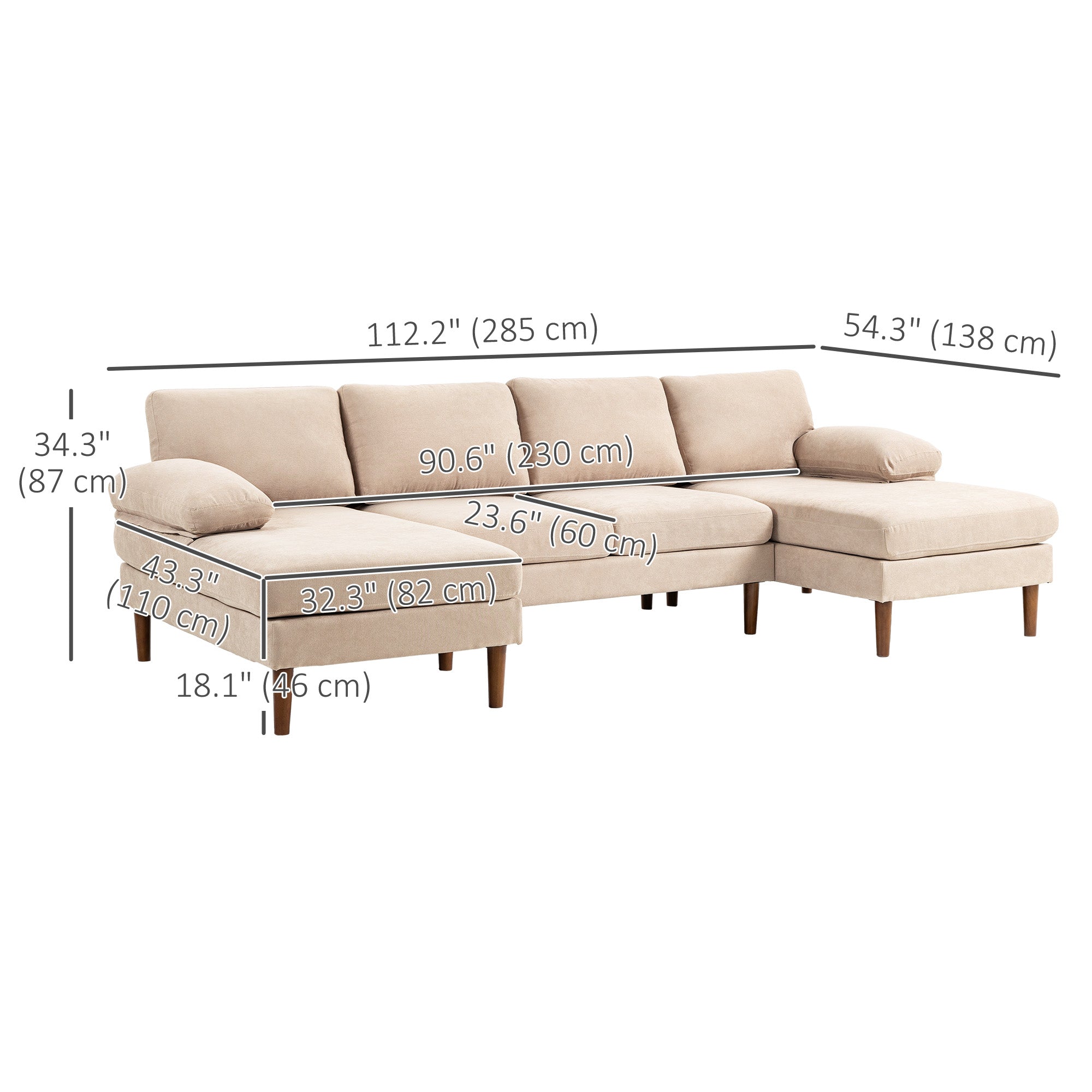 HOMCOM U Shape Sofa with Double Chaise Lounge, Modern 4 Seater Couch with Wooden Legs and Arms, Fabric Sofa for Living Room, Bedroom, Beige
