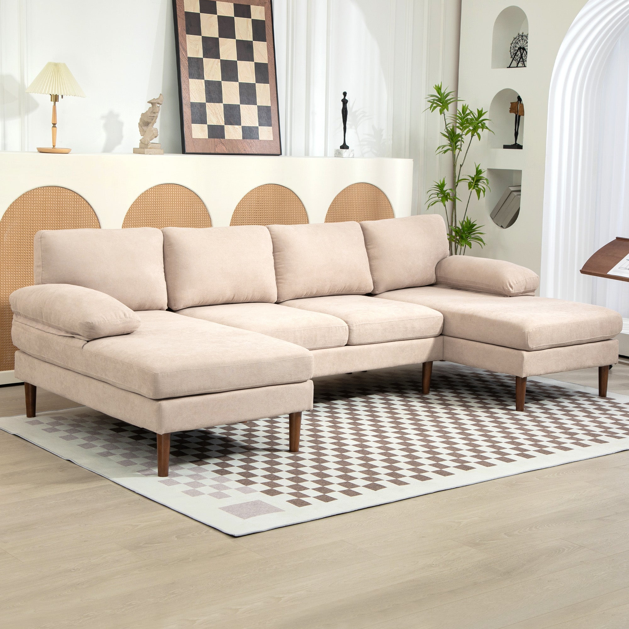 HOMCOM U Shape Sofa with Double Chaise Lounge, Modern 4 Seater Couch with Wooden Legs and Arms, Fabric Sofa for Living Room, Bedroom, Beige