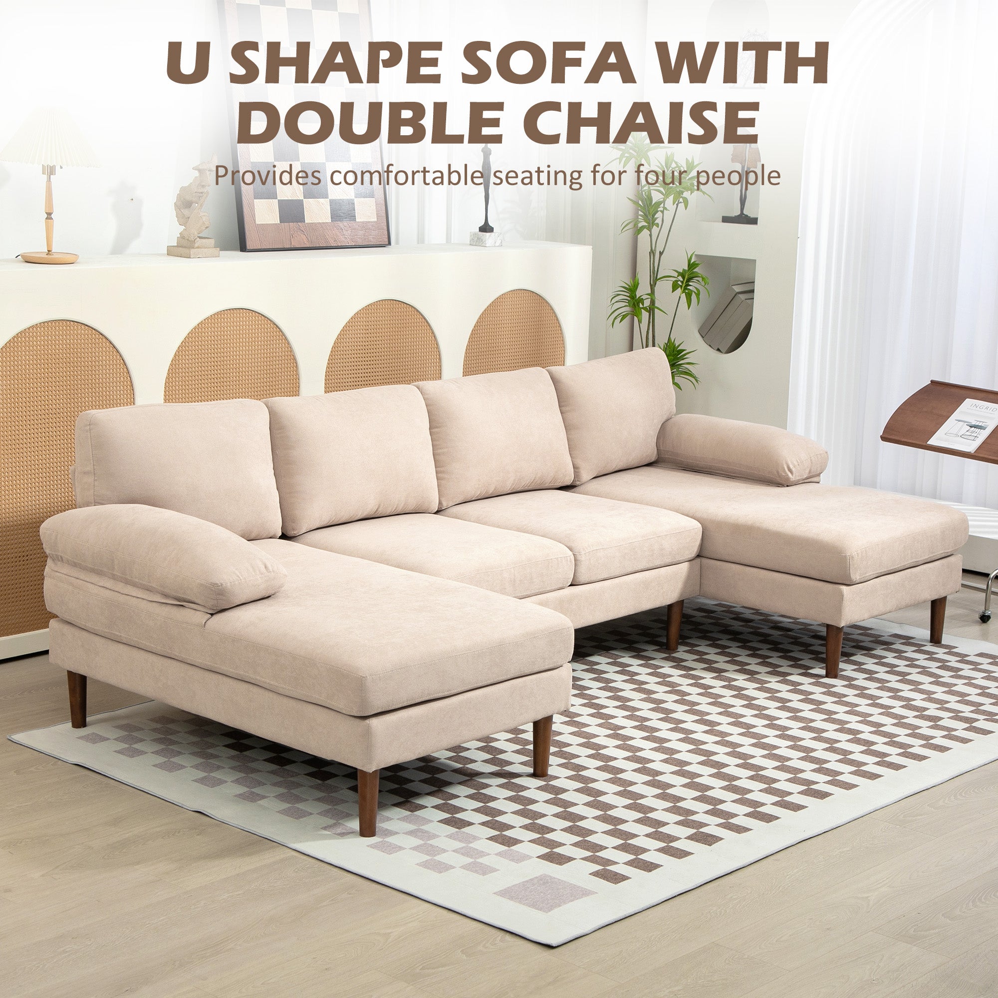 HOMCOM U Shape Sofa with Double Chaise Lounge, Modern 4 Seater Couch with Wooden Legs and Arms, Fabric Sofa for Living Room, Bedroom, Beige