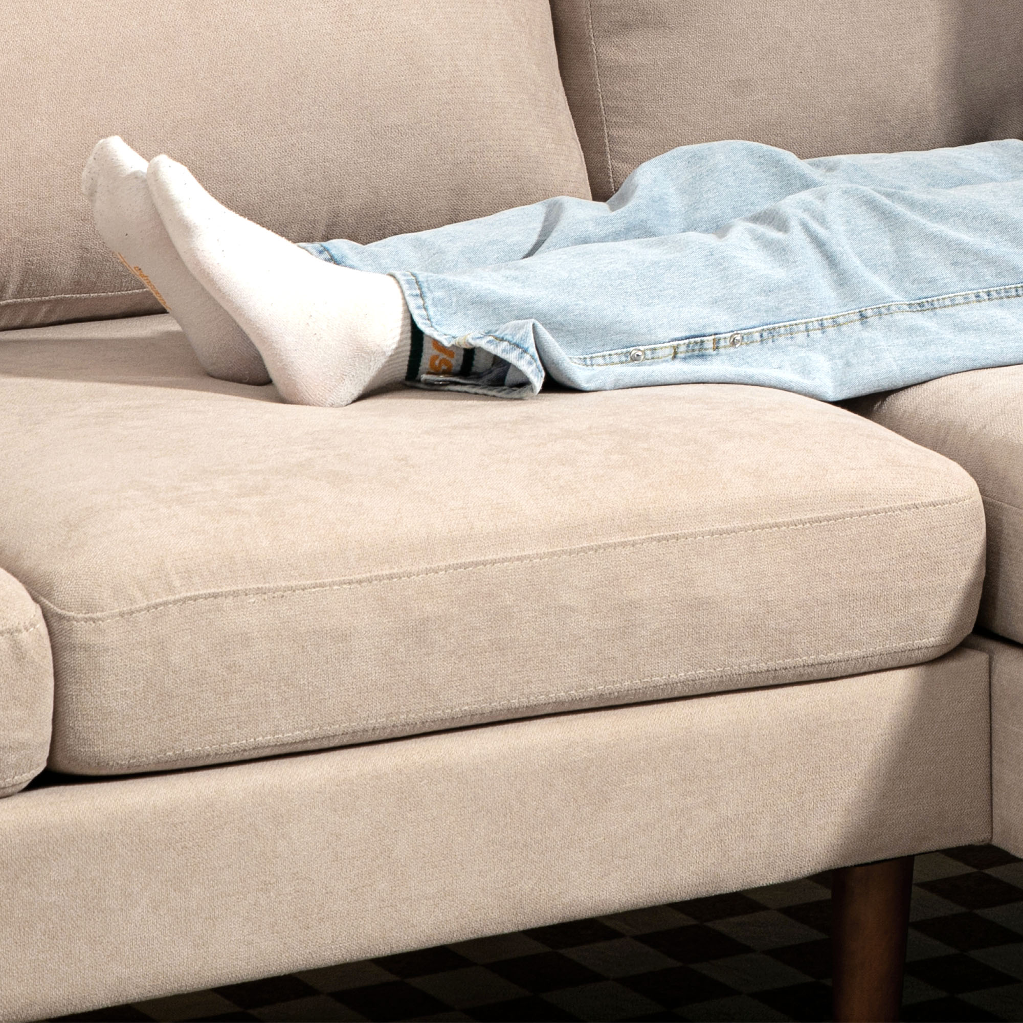 HOMCOM U Shape Sofa with Double Chaise Lounge, Modern 4 Seater Couch with Wooden Legs and Arms, Fabric Sofa for Living Room, Bedroom, Beige