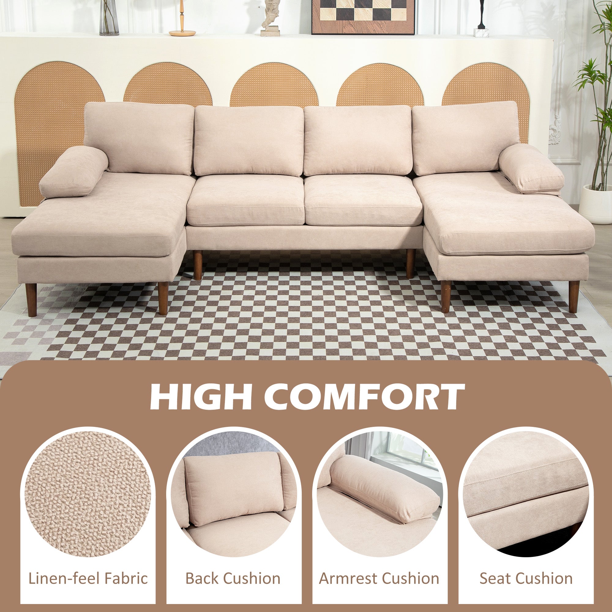 HOMCOM U Shape Sofa with Double Chaise Lounge, Modern 4 Seater Couch with Wooden Legs and Arms, Fabric Sofa for Living Room, Bedroom, Beige