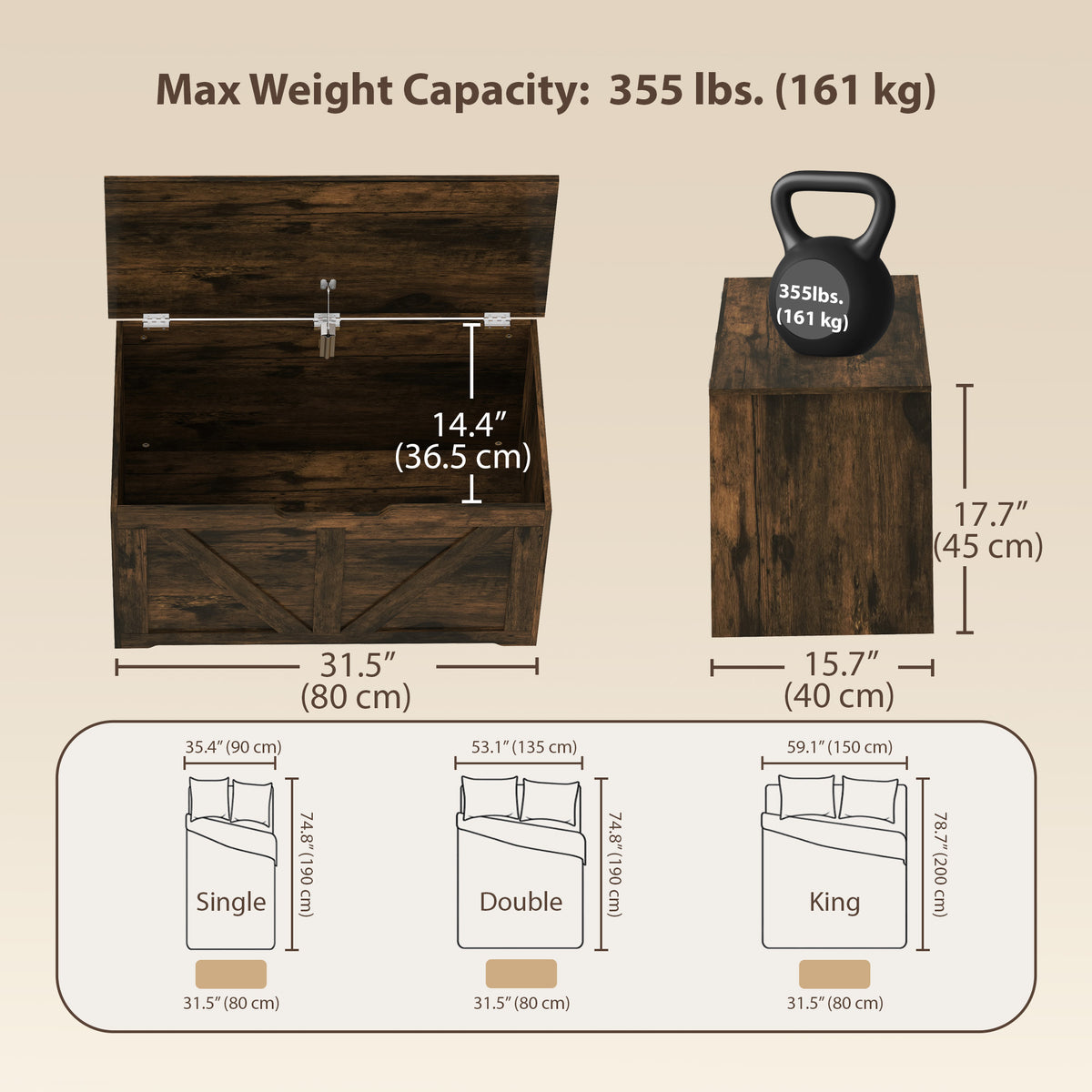 Storage Chest, Storage Bench with Safety Hinge and U-shaped Cut-out Pull for Living Room, Entryway, 31.5" x 15.7" x 17.7", Supports 300 lbs, Rustic Brown
