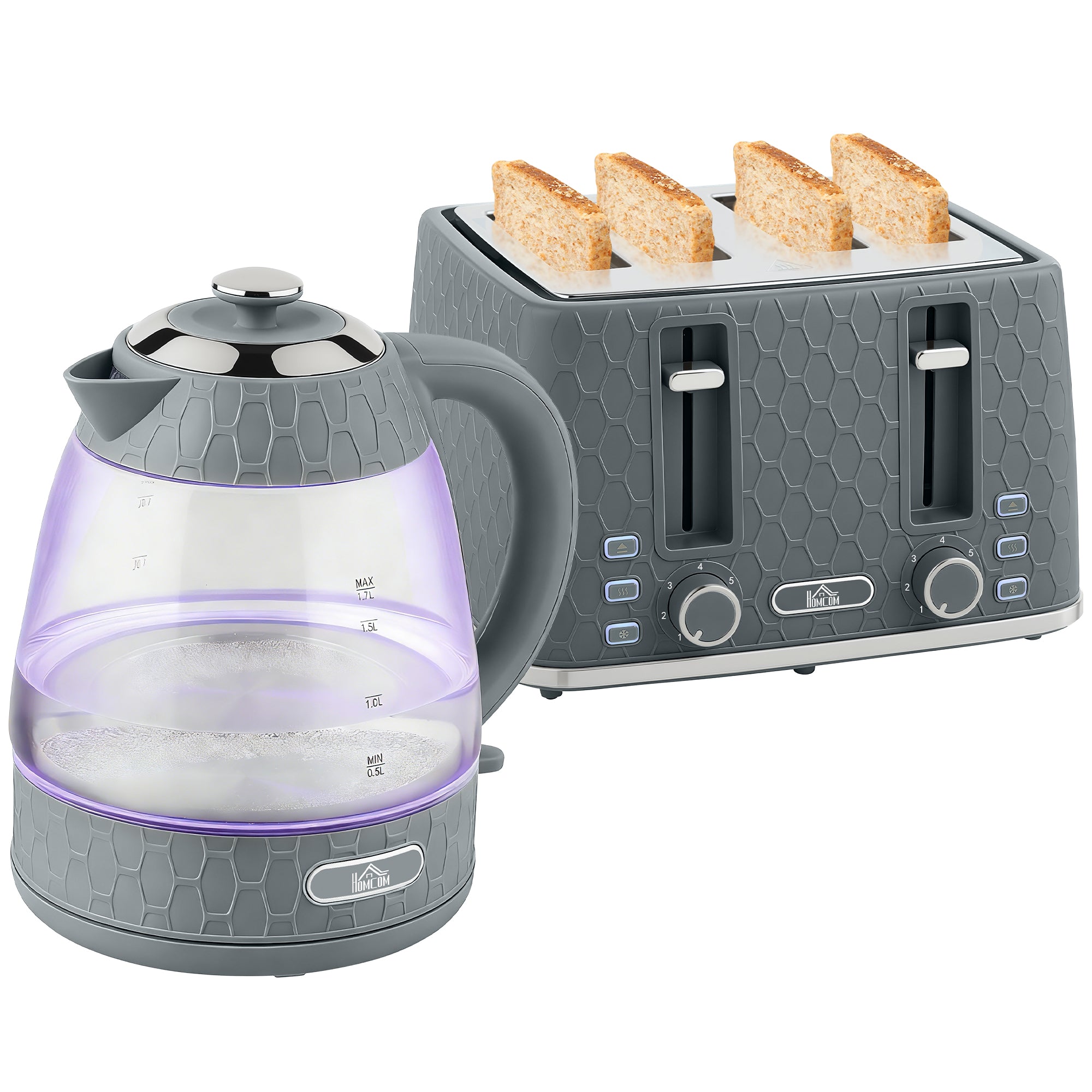 Kettle and Toaster Set, 1.7L 3000W Rapid Boil Jug Kettle with Strix Thermostat, Limescale Filter, 4 Slice Toaster with 7 Browning Controls, Crumb Tray, Grey