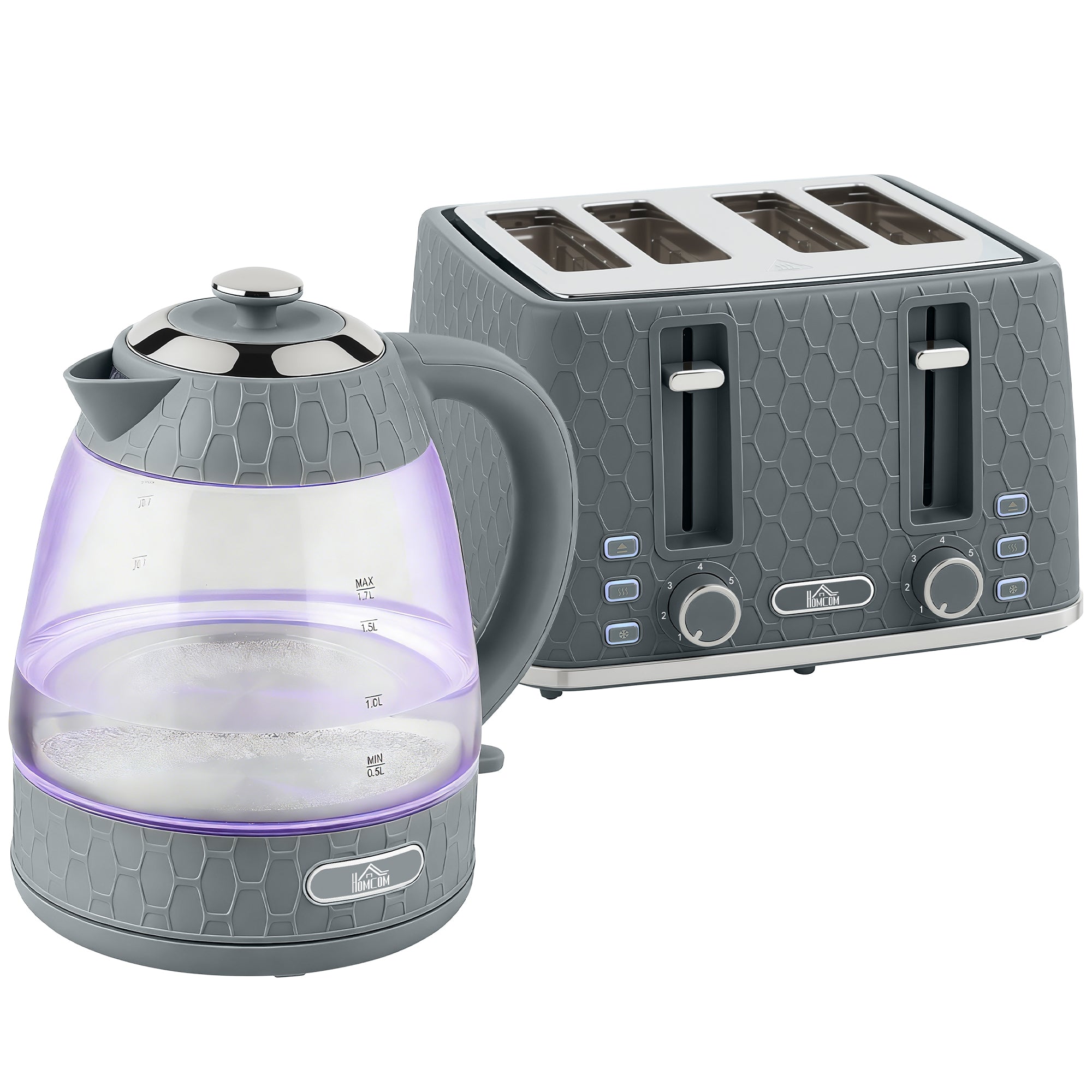 Kettle and Toaster Set, 1.7L 3000W Rapid Boil Jug Kettle with Strix Thermostat, Limescale Filter, 4 Slice Toaster with 7 Browning Controls, Crumb Tray, Grey