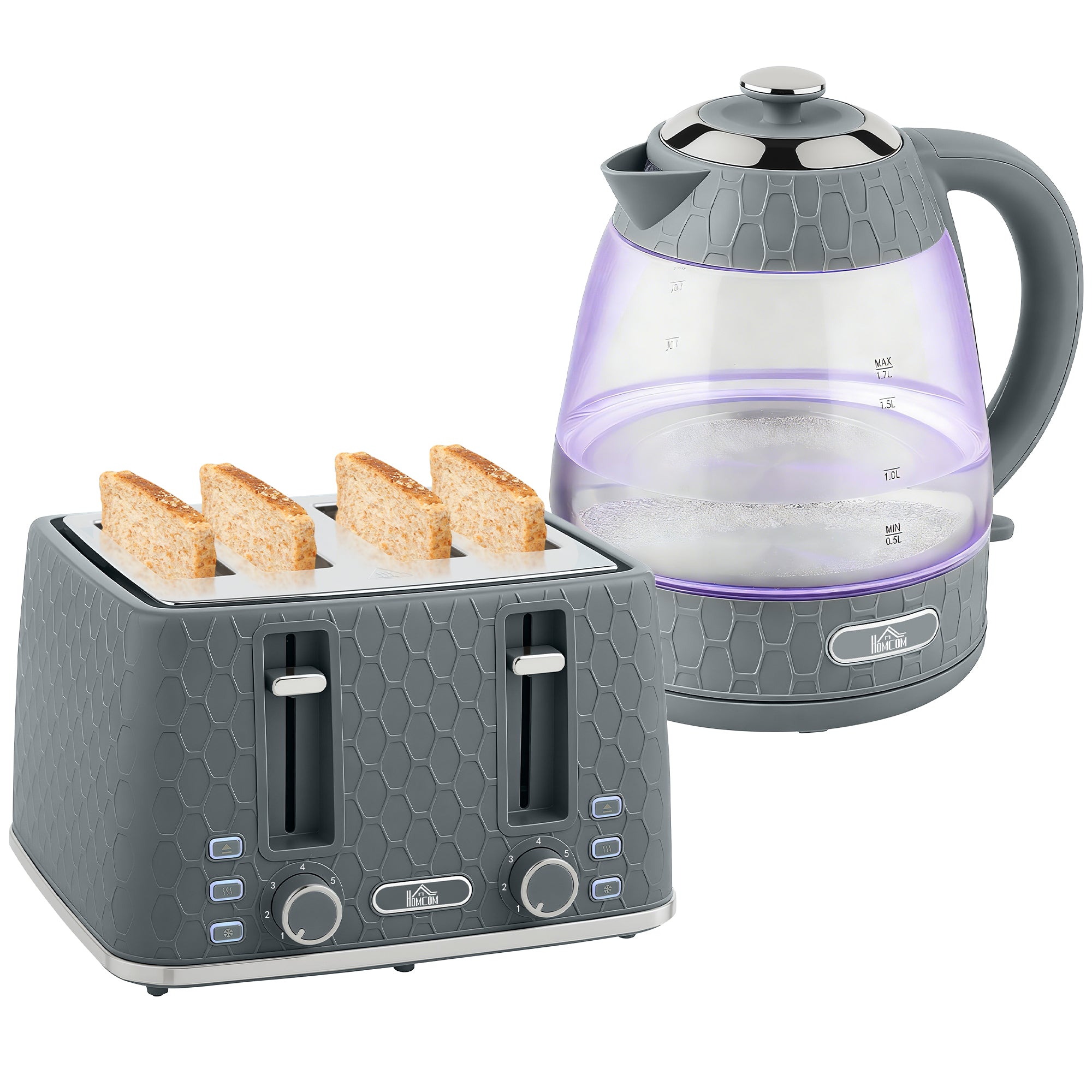 Kettle and Toaster Set, 1.7L 3000W Rapid Boil Jug Kettle with Strix Thermostat, Limescale Filter, 4 Slice Toaster with 7 Browning Controls, Crumb Tray, Grey