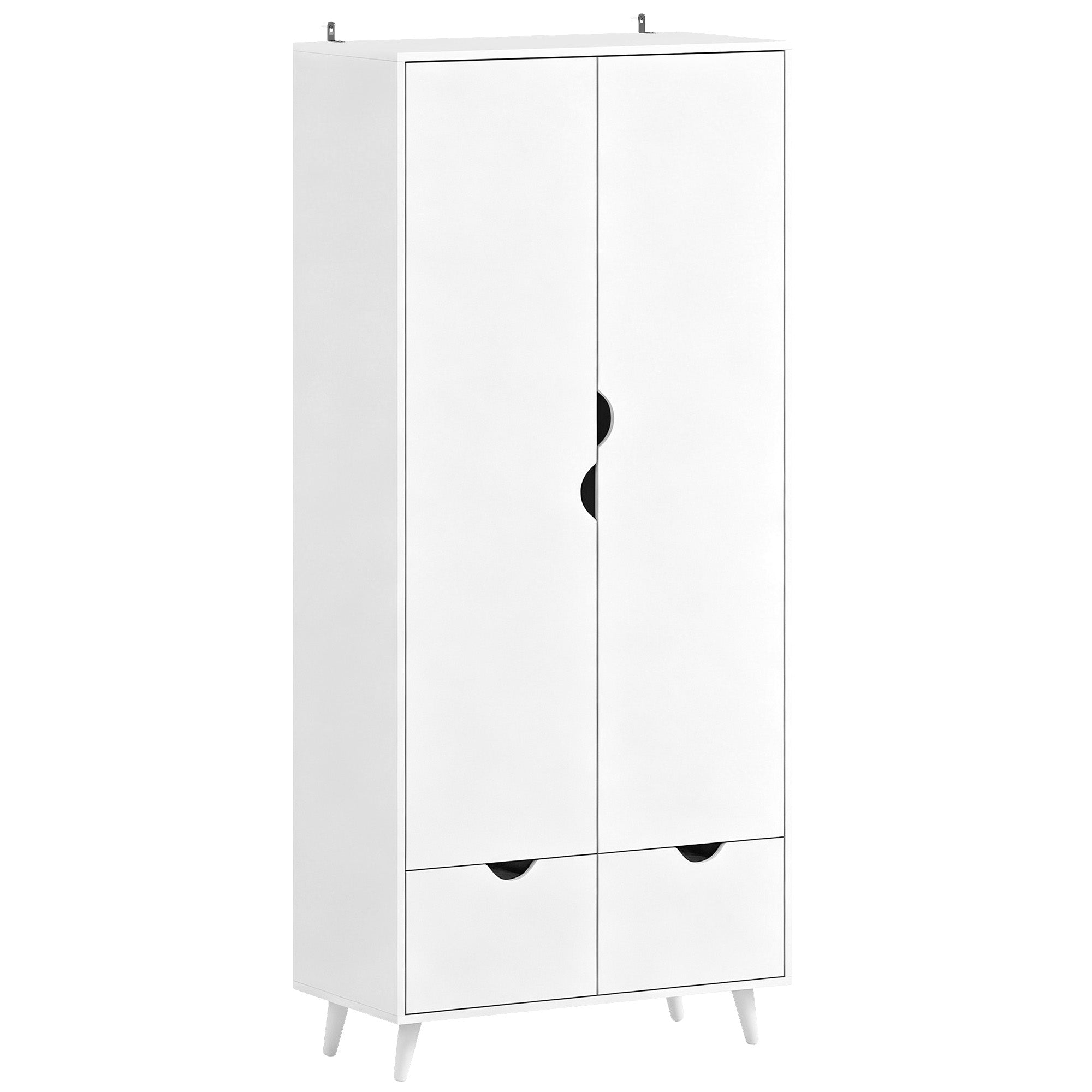 2-Door Clothes Wardrobe with Hanging Rail, Top Storage Shelf and 2 Drawers, Wood Feet, Elegant Home Storage Organisation Furniture for Dresses, Coats and Accessories, White