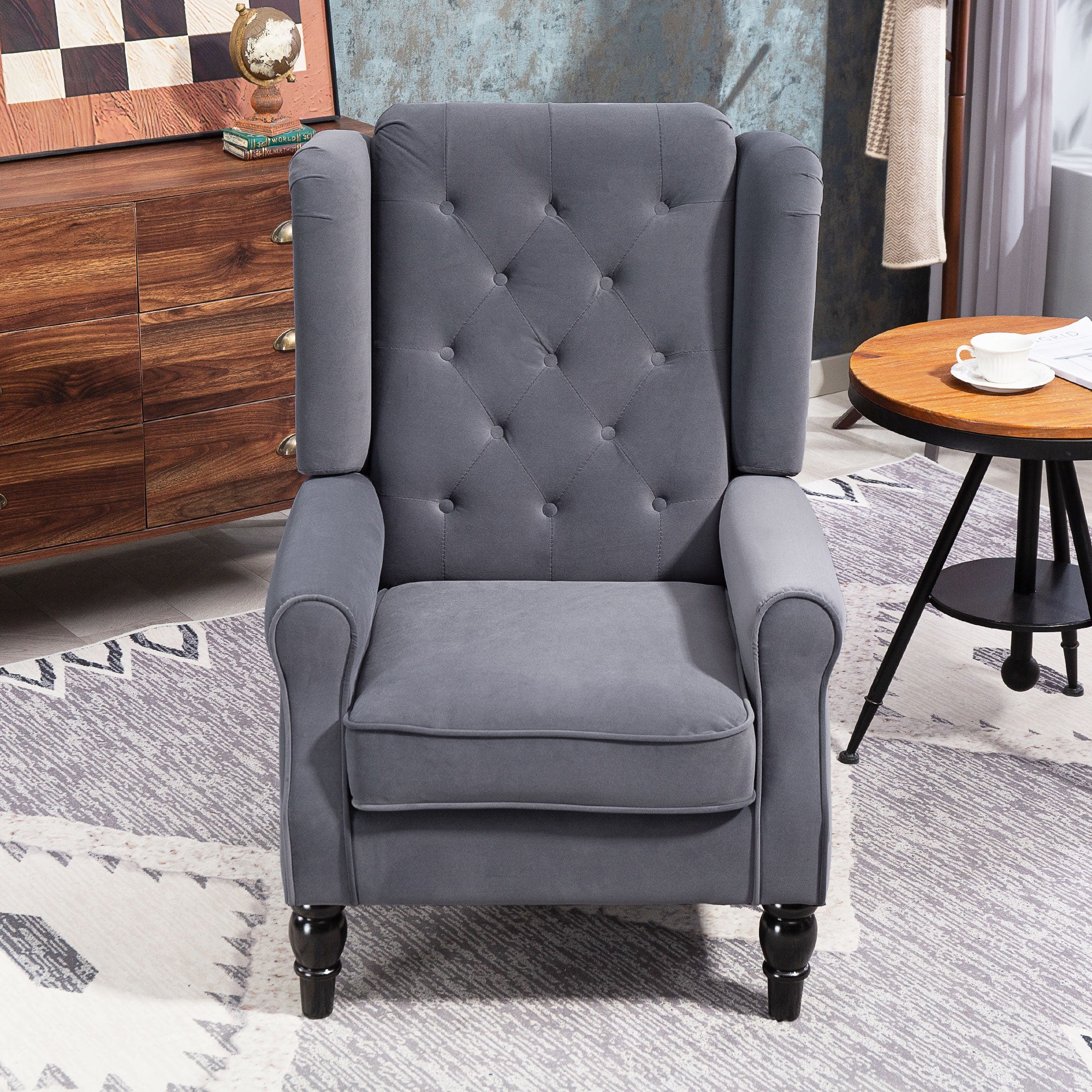 Retro Accent Chair, Velvet Wingback Armchair with Wood Frame Button Tufted Design for Living Room Bedroom, Charcoal Grey