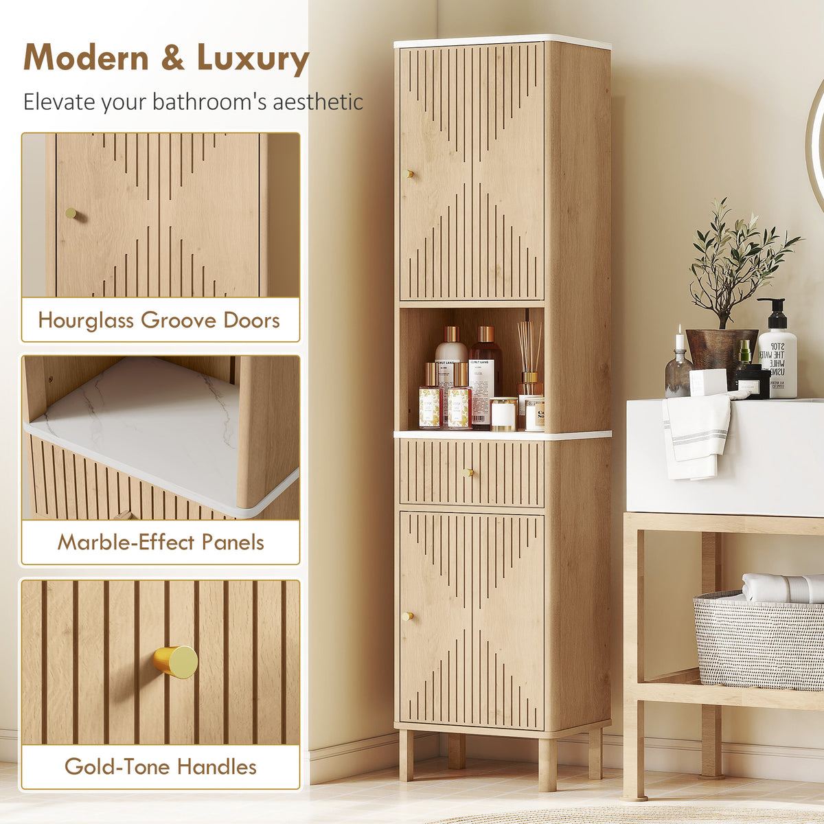 66" Tall Bathroom Cabinet, Freestanding Slim Bathroom Storage Cabinet with Silent-Glide Drawer, Adjustable Shelves, 2 Cupboards and Groove Doors, Oak Wood Effect
