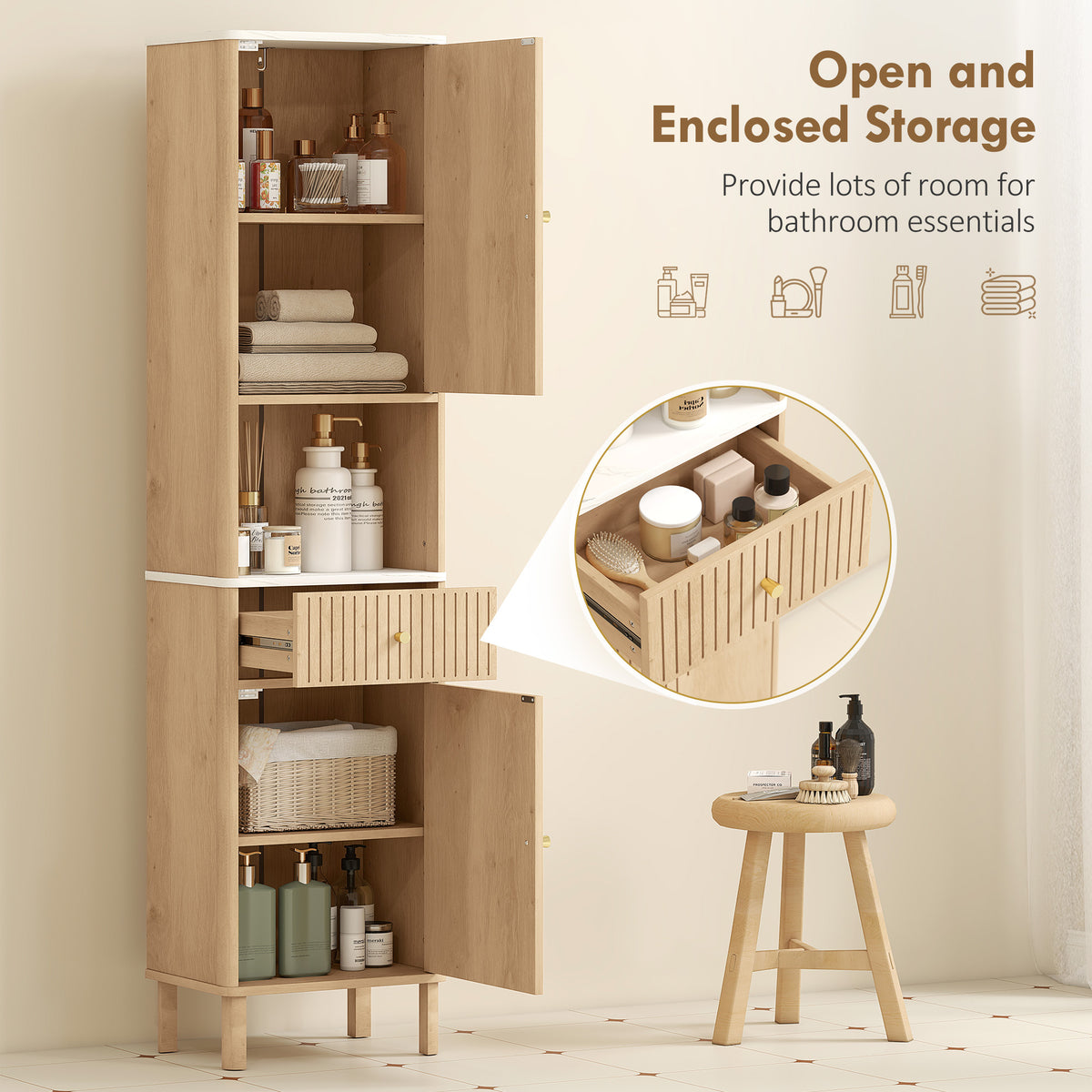 66" Tall Bathroom Cabinet, Freestanding Slim Bathroom Storage Cabinet with Silent-Glide Drawer, Adjustable Shelves, 2 Cupboards and Groove Doors, Oak Wood Effect