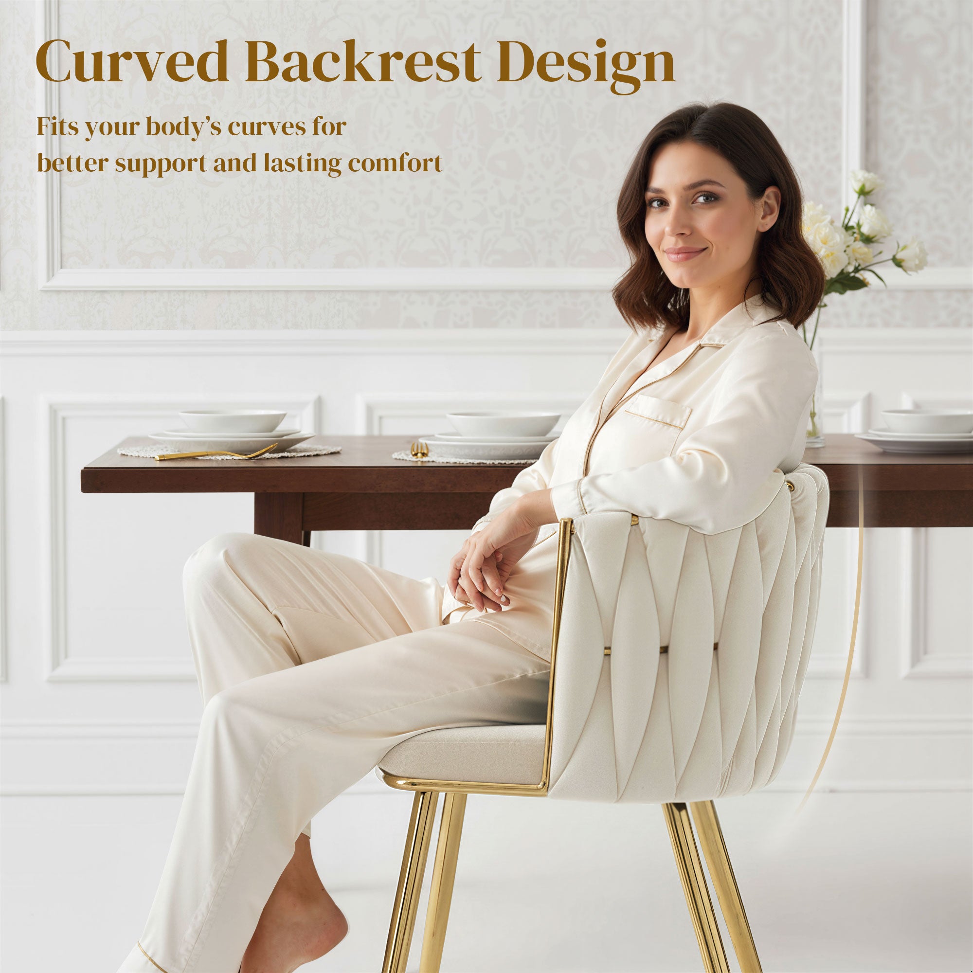 Modern Dining Chairs Set of 2, Velvet-Feel Upholstered Kitchen Chairs with Woven Backrest and Armrests, Metal Legs and Padded Seat for Dining Room, Living Room, Cream White