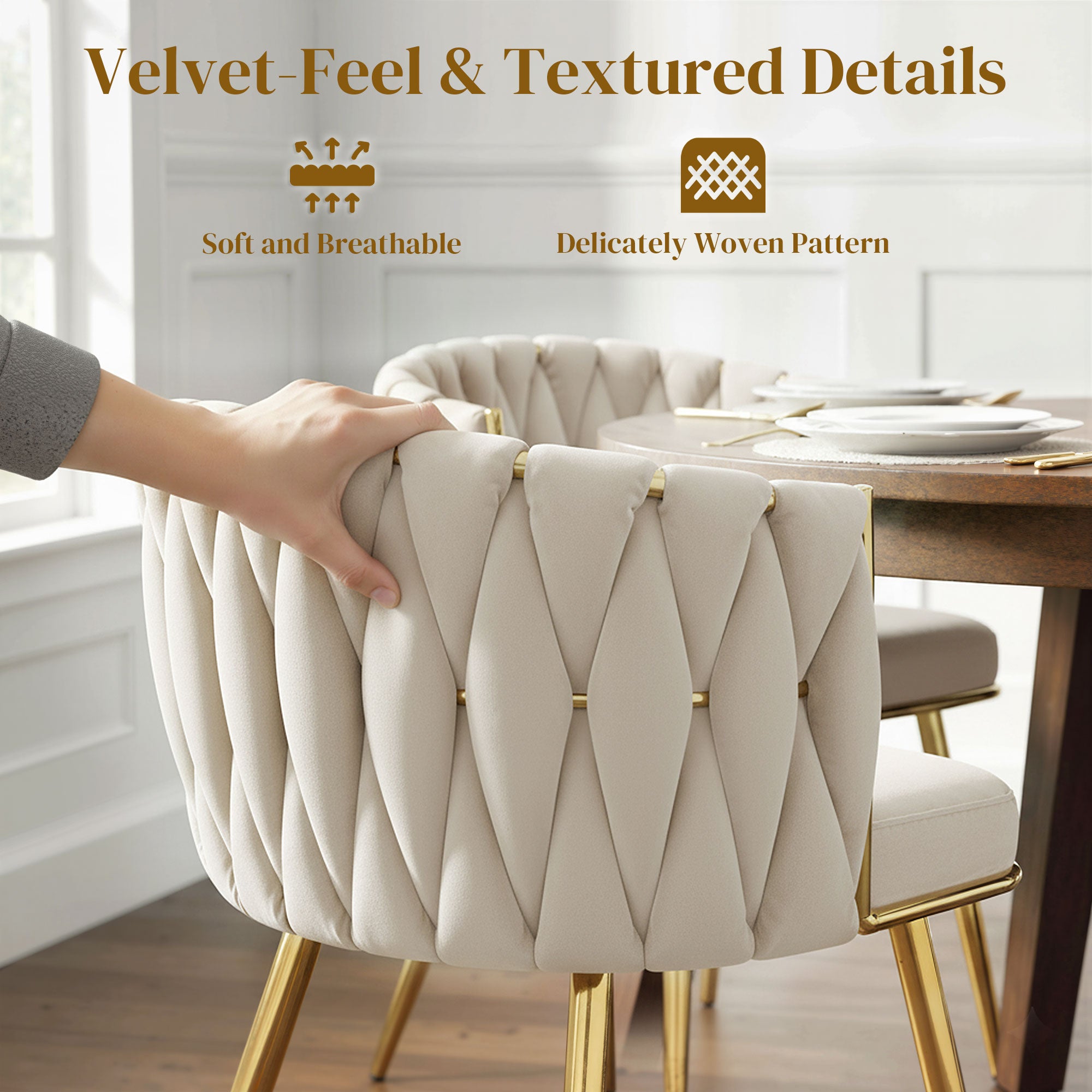 Modern Dining Chairs Set of 2, Velvet-Feel Upholstered Kitchen Chairs with Woven Backrest and Armrests, Metal Legs and Padded Seat for Dining Room, Living Room, Cream White