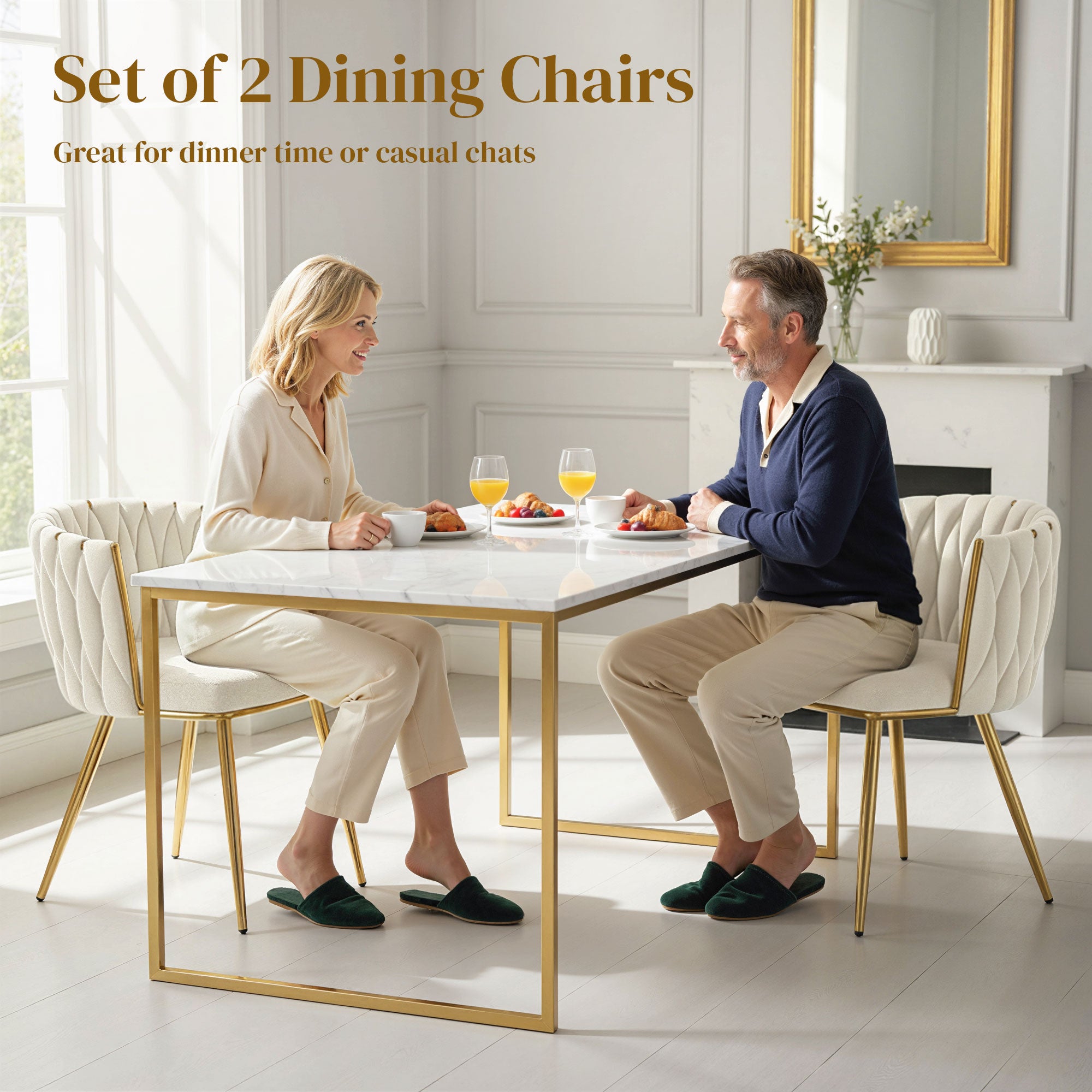Modern Dining Chairs Set of 2, Velvet-Feel Upholstered Kitchen Chairs with Woven Backrest and Armrests, Metal Legs and Padded Seat for Dining Room, Living Room, Cream White