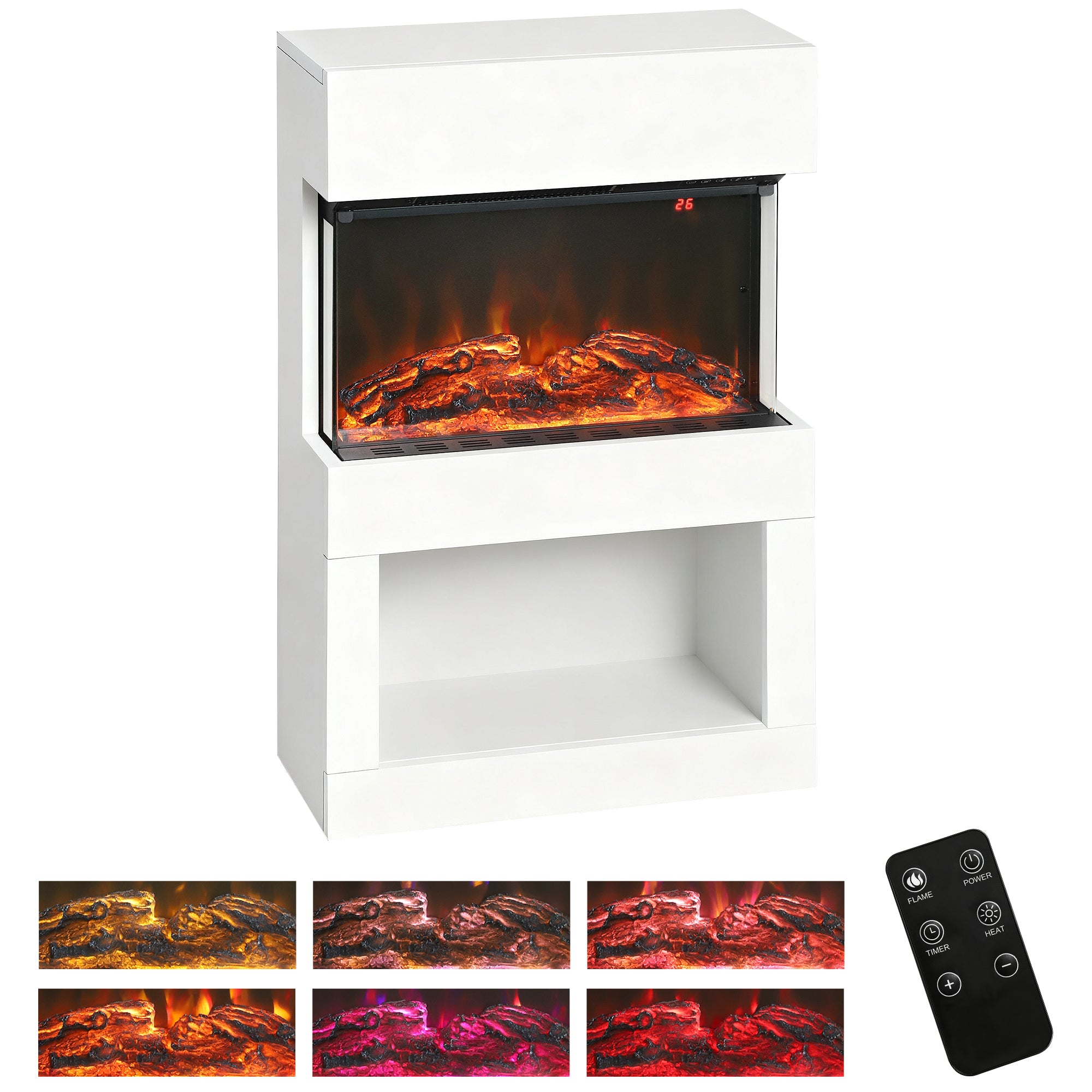 19" Electric Fireplace with Surround, 3D Flame Effect, 6 Colours & 3 Brightness Levels, 1000W/2000W White Electric Fire and Mantel Reach up to 30㎡ Space with Remote & Timer, 3 Sided View