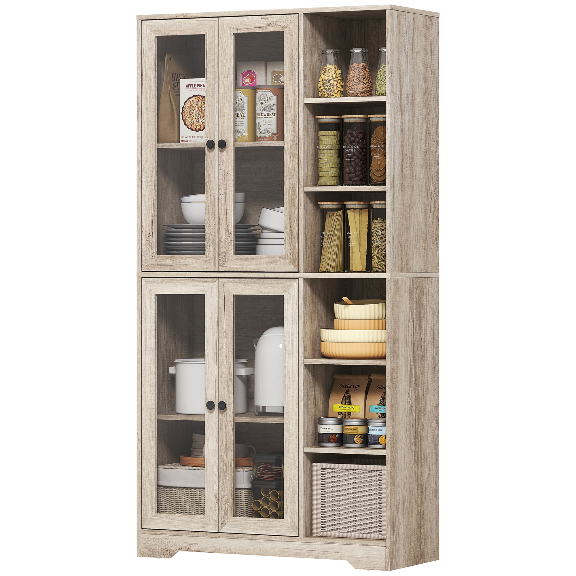172 cm Tall Kitchen Cupboard, Pantry Storage Cabinet with Tempered Glass Doors and Soft-Close Hinges, Freestanding Kitchen Cabinet with Adjustable Shelves and 6 Open Shelves, Light Grey