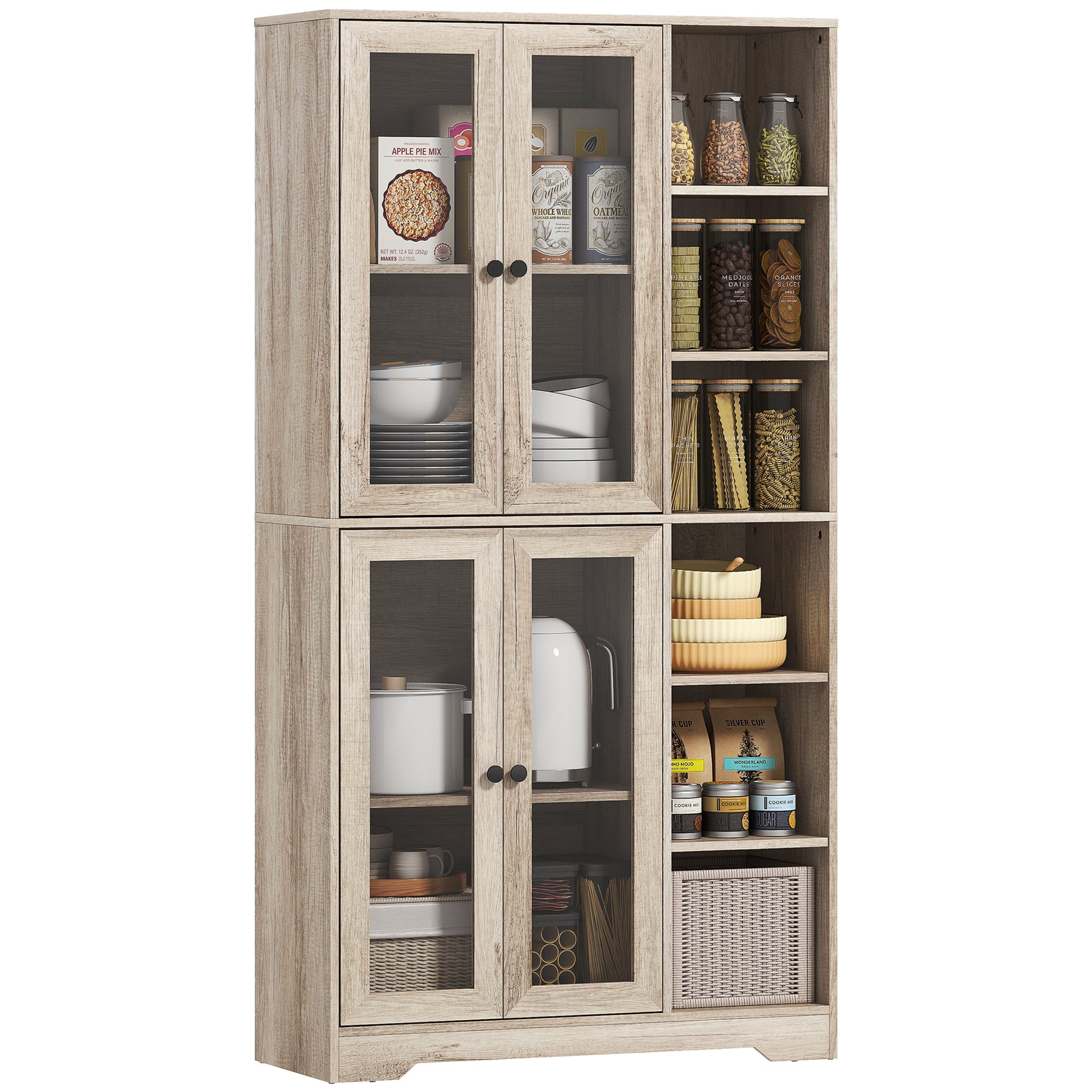 172 cm Tall Kitchen Cupboard, Pantry Storage Cabinet with Tempered Glass Doors and Soft-Close Hinges, Freestanding Kitchen Cabinet with Adjustable Shelves and 6 Open Shelves, Light Grey
