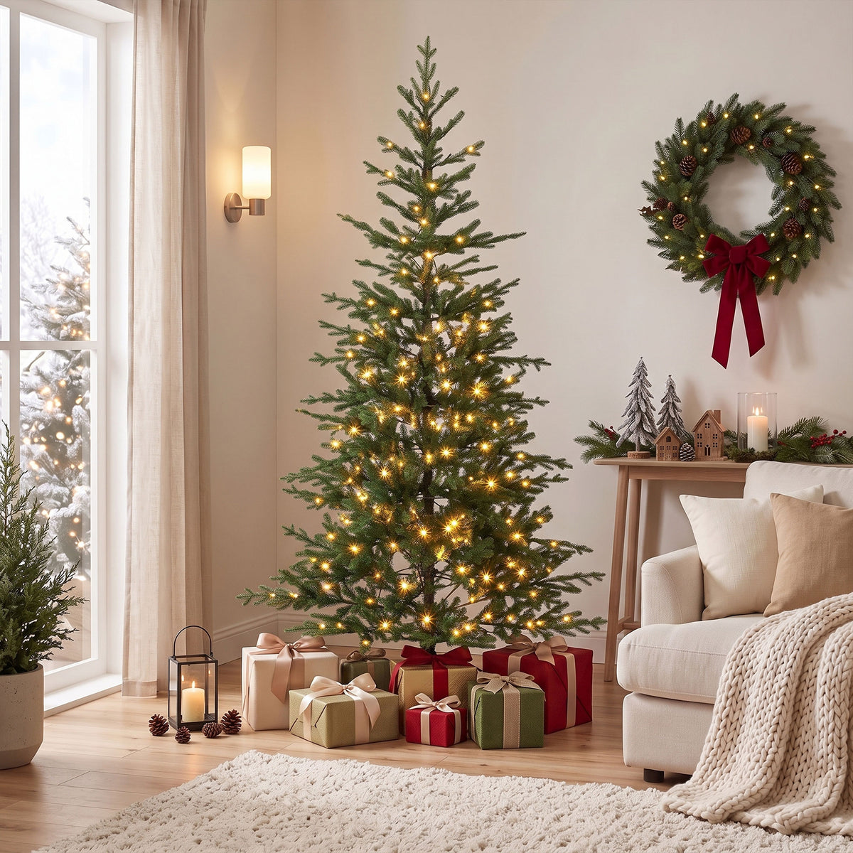 6ft Prelit Sparse Christmas Tree, Artificial Downswept Hinged Xmas Tree with 200 Warm White LED Lights, 8 Modes, 1577 Tips, Metal Stand, Green