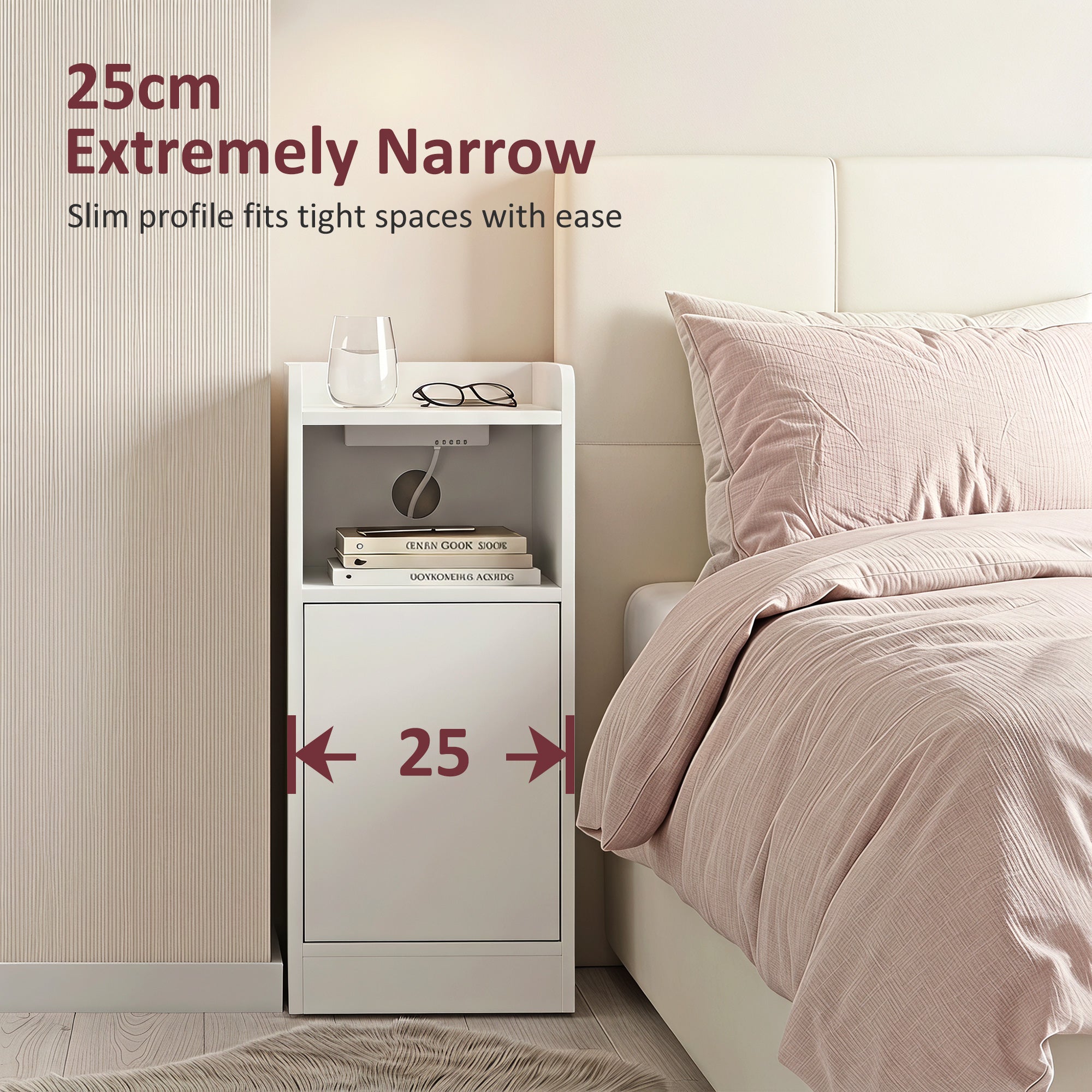 Slim Bedside Table Set of 2 with Charging Station, Narrow Bedside Cabinet with Open Compartment, Adjustable Shelf and Cupboard, Side End Table for Bedroom Living Room Compact Nooks, White