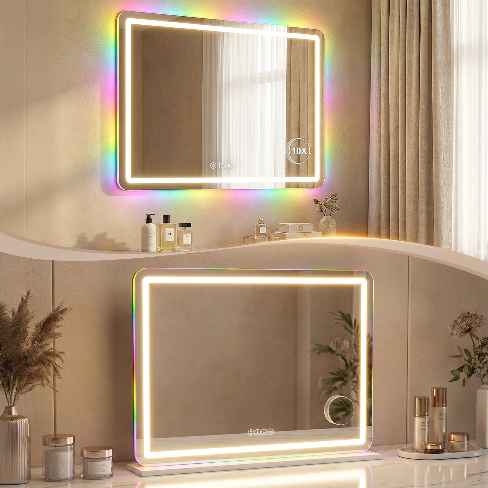 Vanity Mirror with Lights, Dimmable Makeup Mirror with Adjustable Colour Temperature, RGB Light, Bluetooth Speaker, 10X Magnification, Touch Control, 80 x 60 cm, Tabletop & Wall-Mounted, White