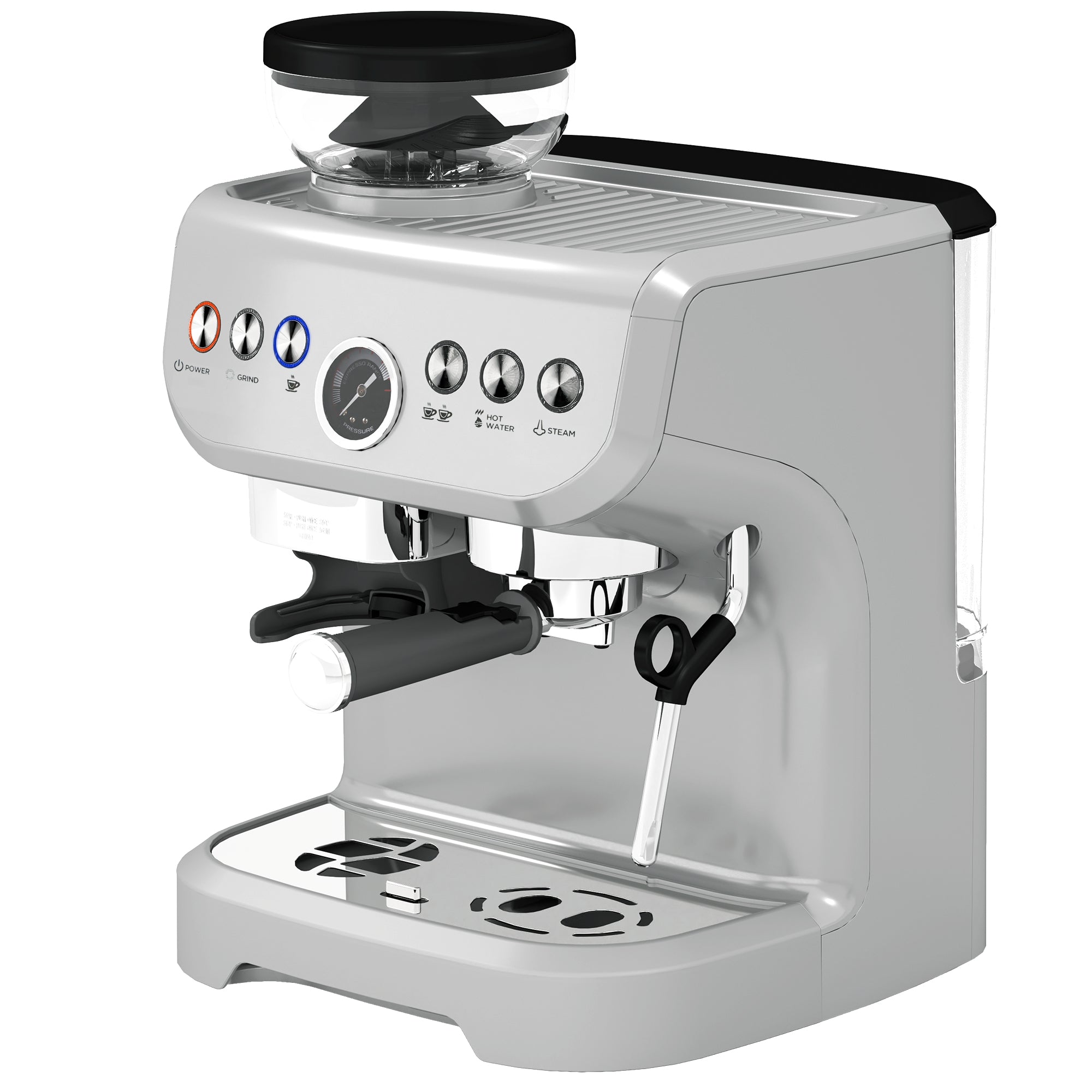 HOMCOM Espresso Machine with Integrated Bean Grinder & Steam Wand, Bean to Cup Coffee Machine with 15 Bar Italian Pump, 2L Water Tank, Cappuccino Maker, Stainless Steel Silver