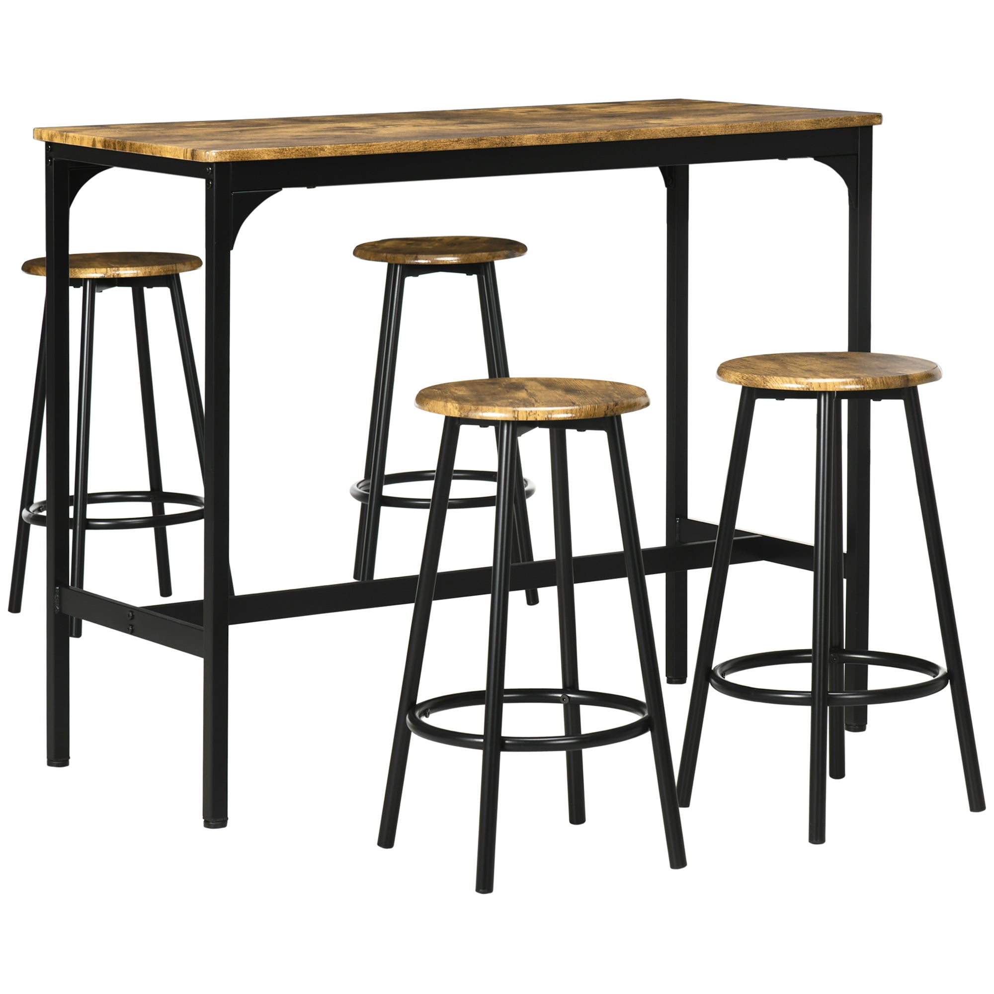 HOMCOM 5 Piece Bar Table Set, Industrial Dining Table Set for 4 with Stools, Metal Frame, Footrest for Kitchen, Living Room, Small Space, Rustic Brown