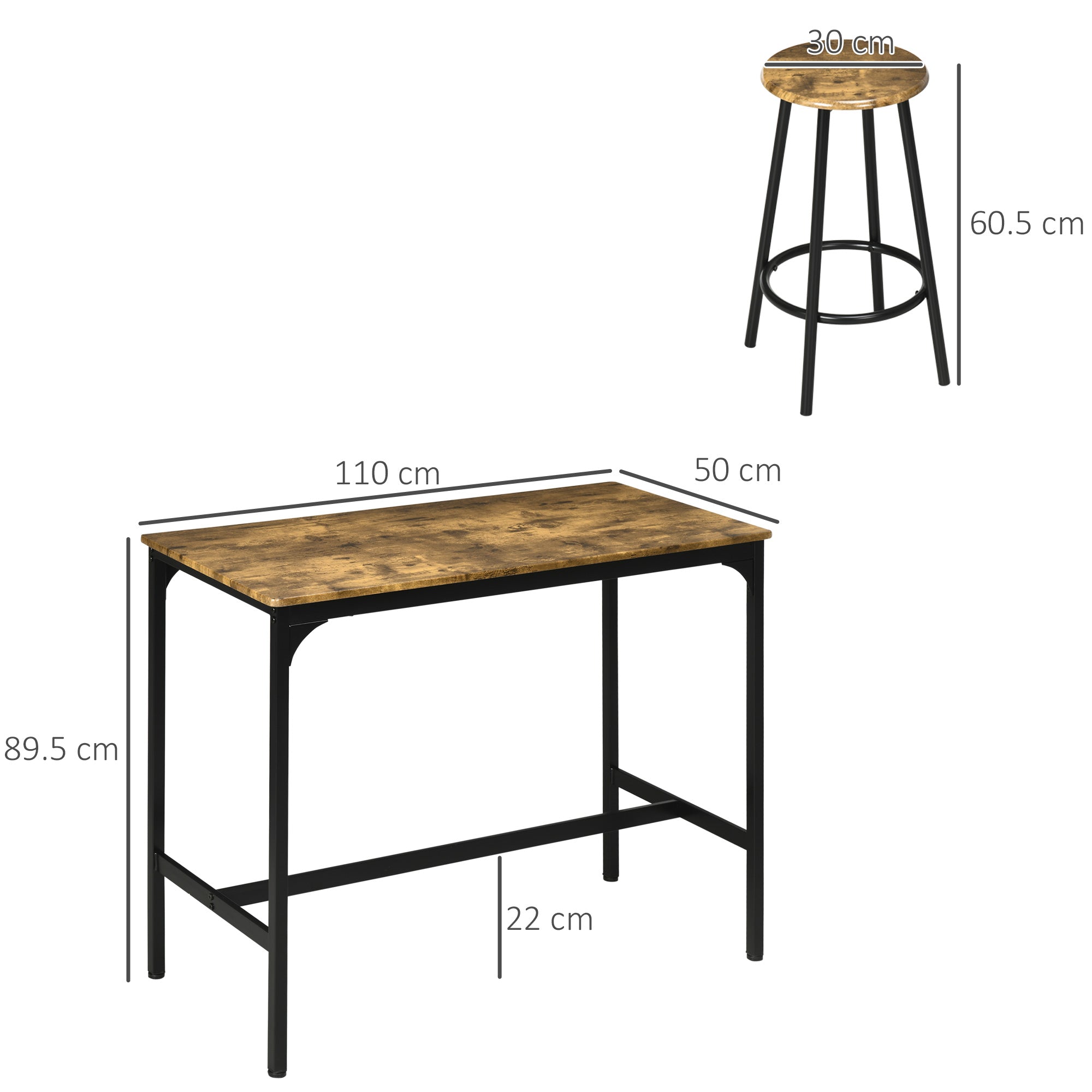 HOMCOM 5 Piece Bar Table Set, Industrial Dining Table Set for 4 with Stools, Metal Frame, Footrest for Kitchen, Living Room, Small Space, Rustic Brown