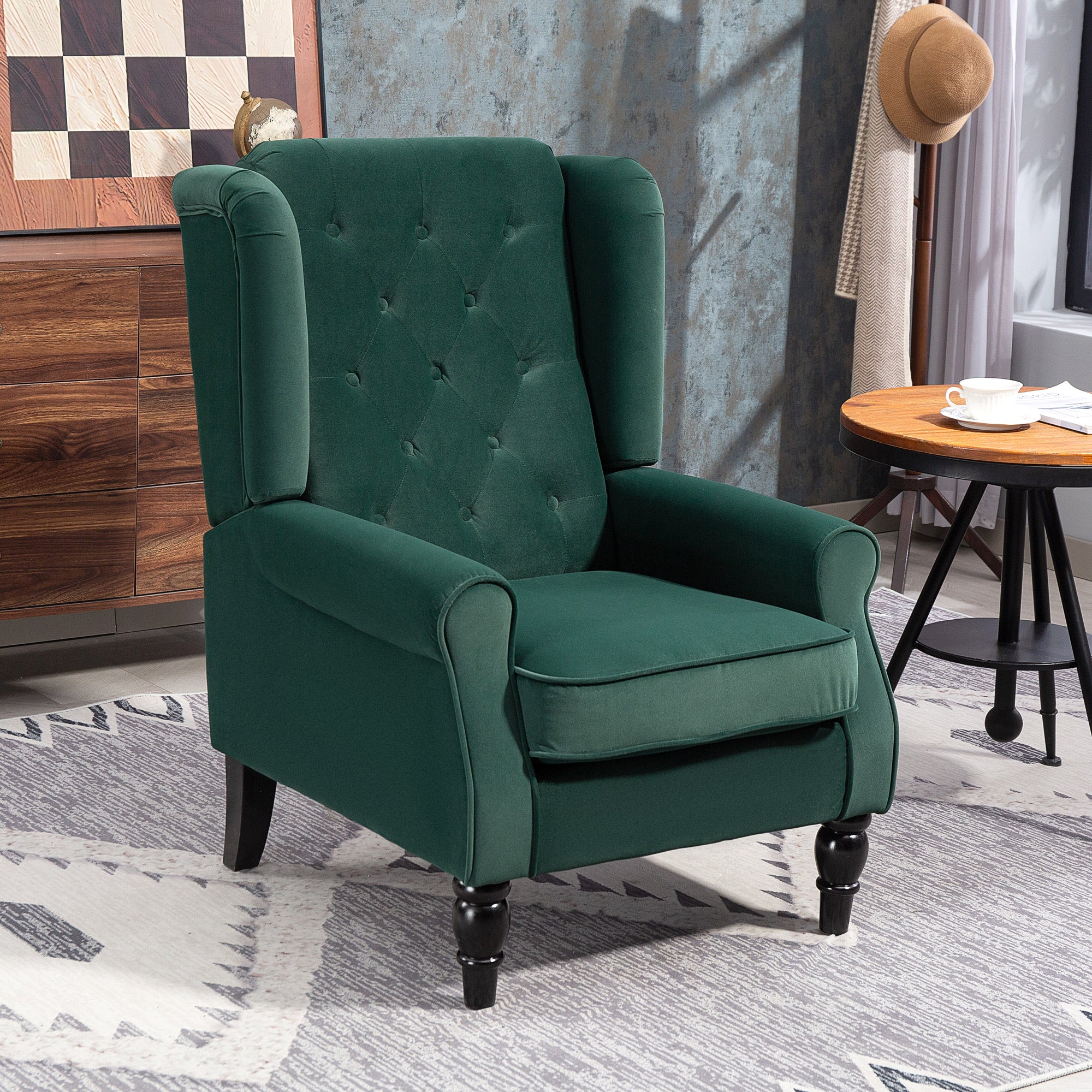 Retro Accent Chair, Velvet Wingback Armchair with Wood Frame Button Tufted Design for Living Room Bedroom, Green