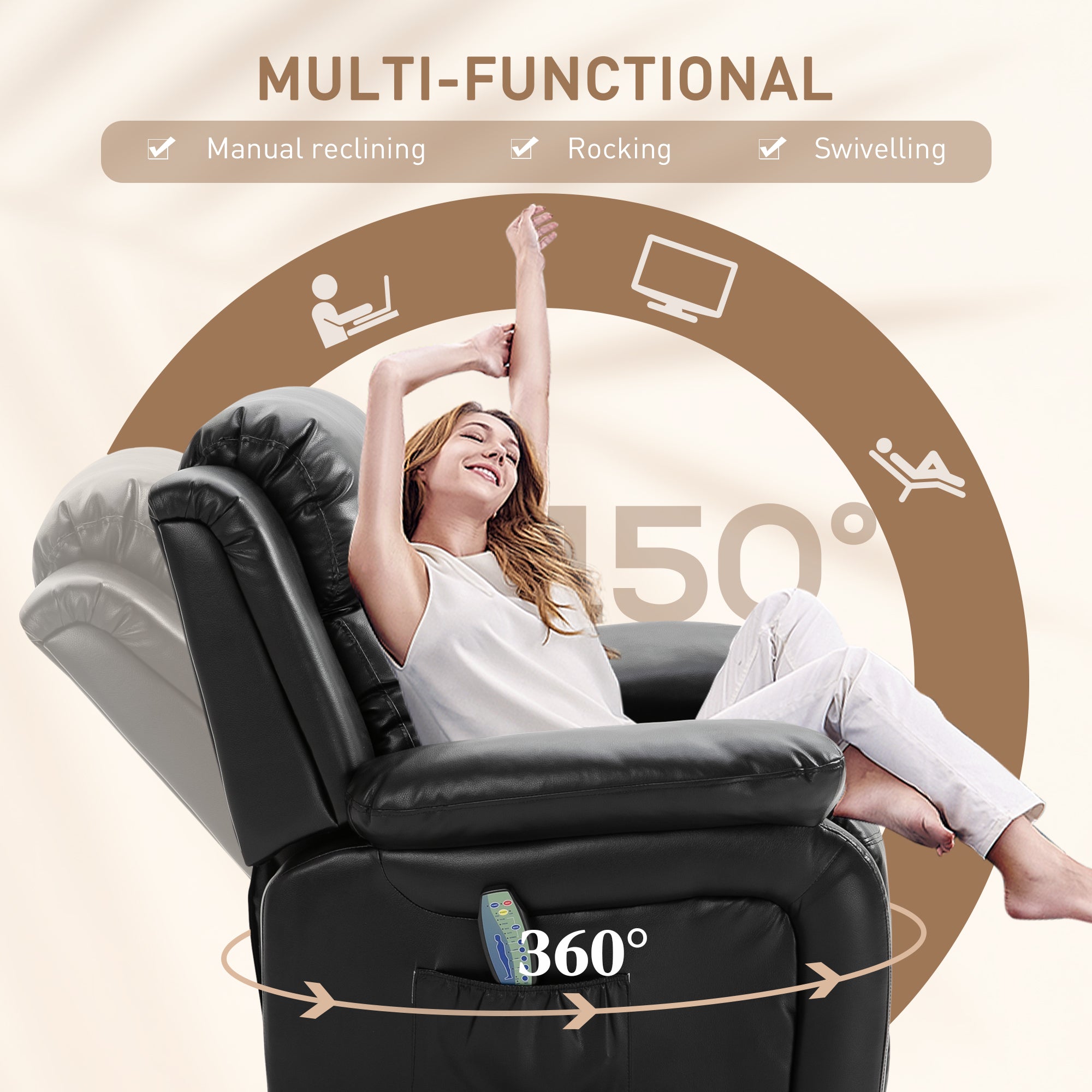 PU Leather Massage Recliner Chair Swivel Rocker Sofa with Remote Control Footrest Black