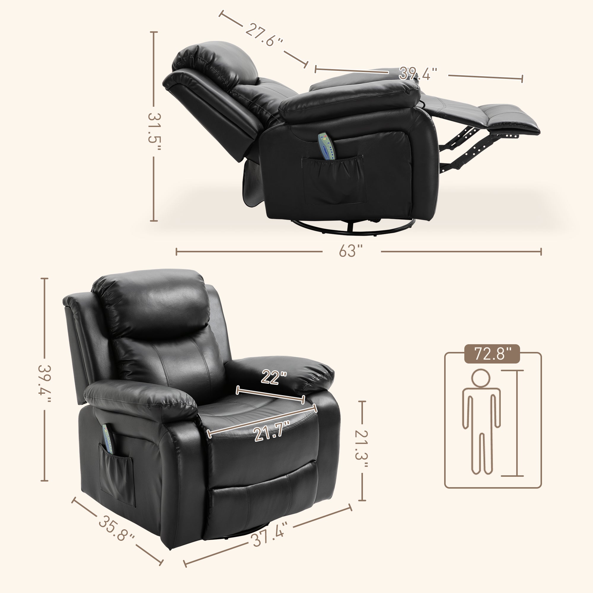 PU Leather Massage Recliner Chair Swivel Rocker Sofa with Remote Control Footrest Black