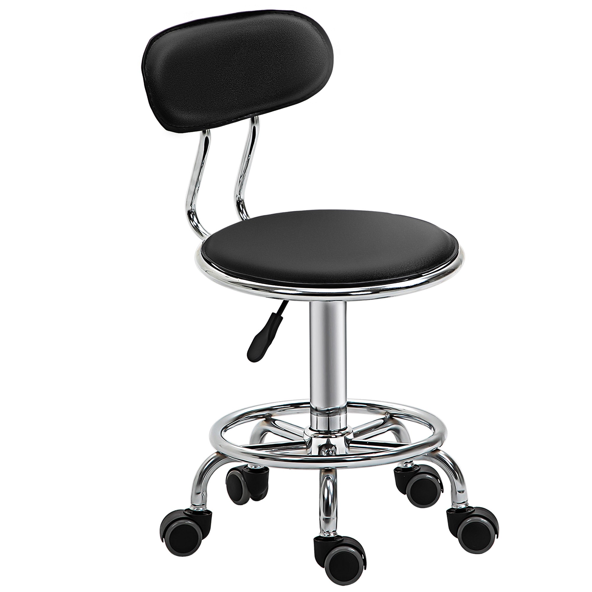 HOMCOM Height Adjustable Rolling Stool with Footrest Ring, Faux Leather Salon Stool with Back and Wheels for Beauty, Spa, Tattoo, Home Office, Black
