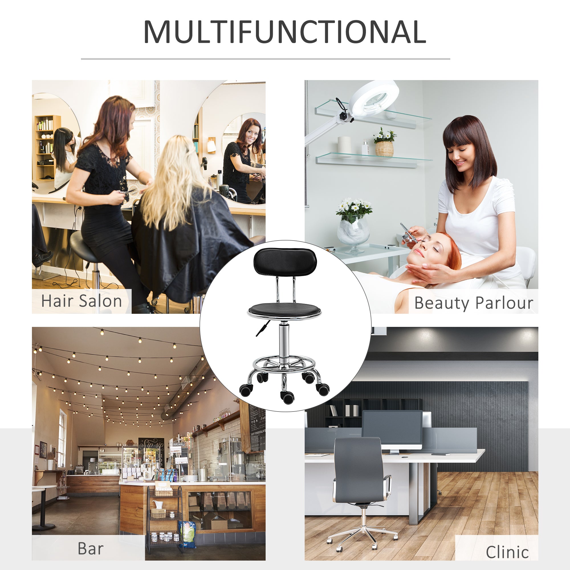 HOMCOM Height Adjustable Rolling Stool with Footrest Ring, Faux Leather Salon Stool with Back and Wheels for Beauty, Spa, Tattoo, Home Office, Black