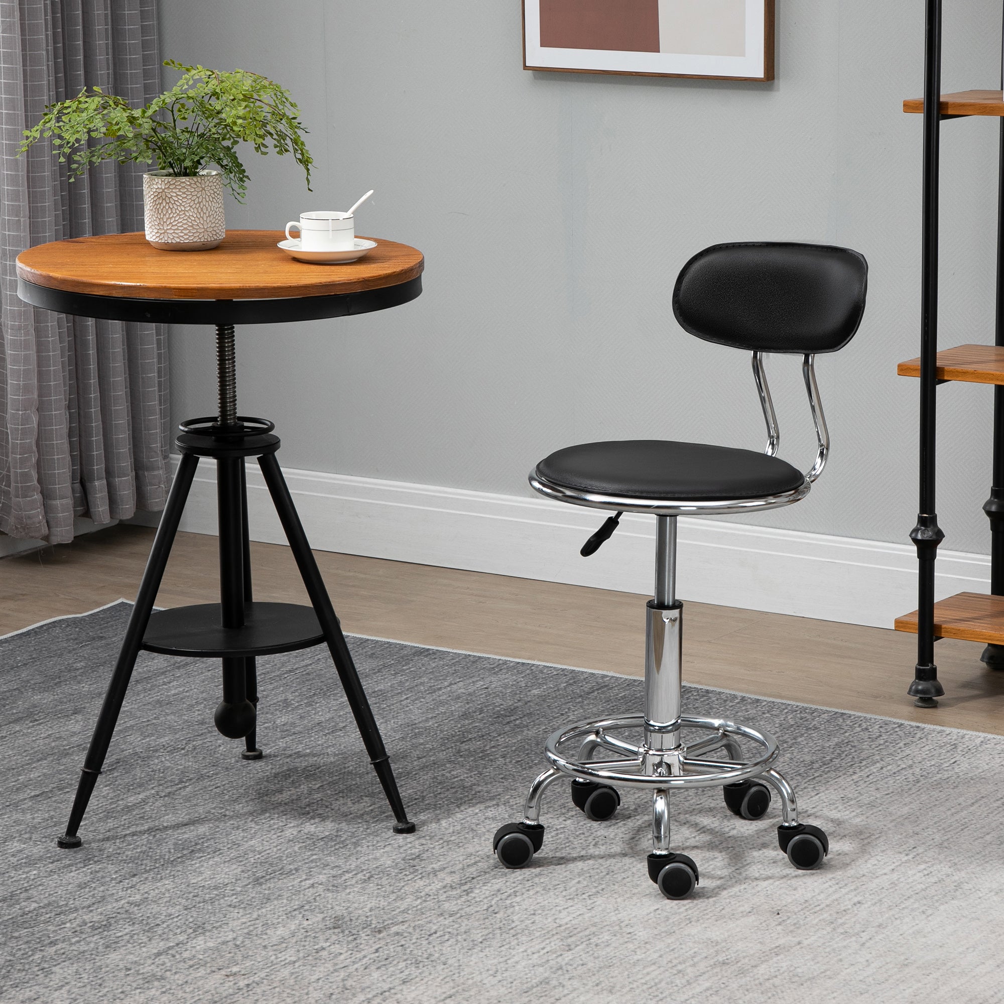 HOMCOM Height Adjustable Rolling Stool with Footrest Ring, Faux Leather Salon Stool with Back and Wheels for Beauty, Spa, Tattoo, Home Office, Black