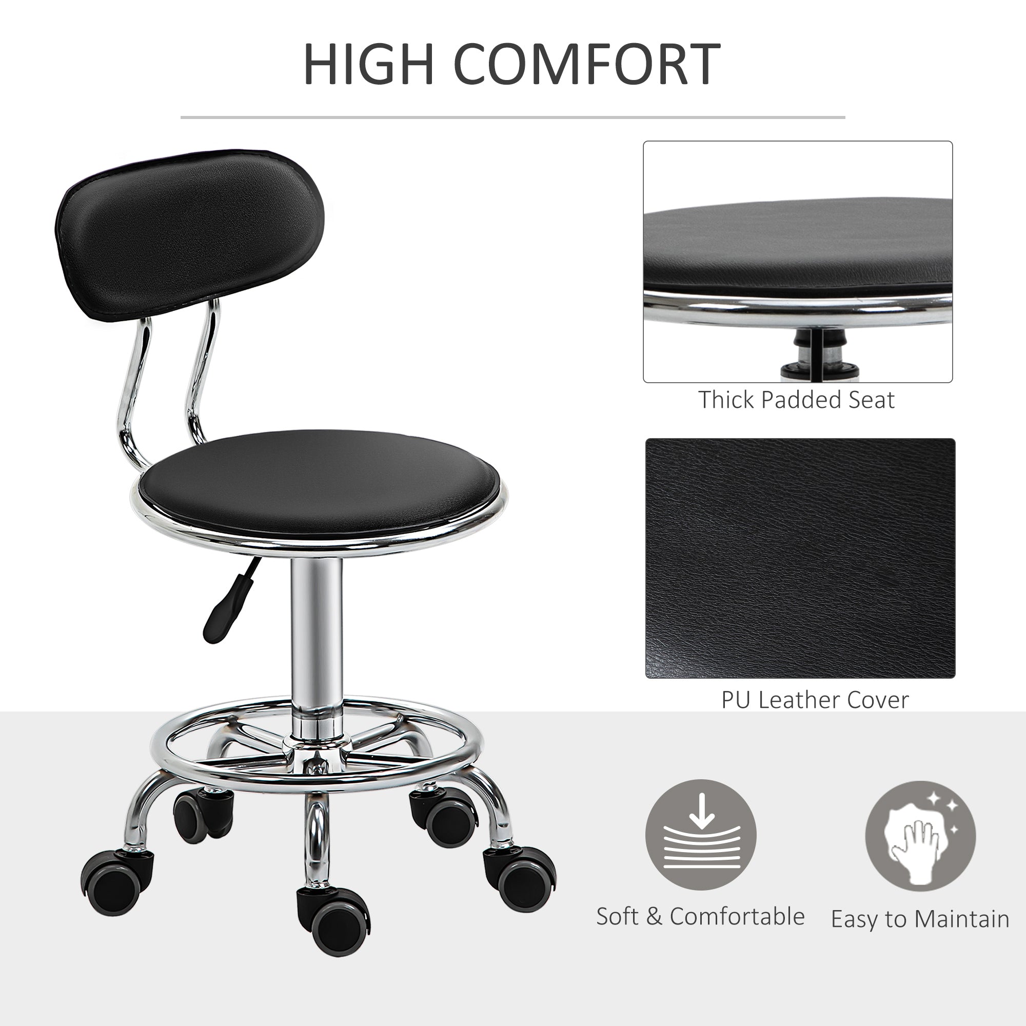HOMCOM Height Adjustable Rolling Stool with Footrest Ring, Faux Leather Salon Stool with Back and Wheels for Beauty, Spa, Tattoo, Home Office, Black