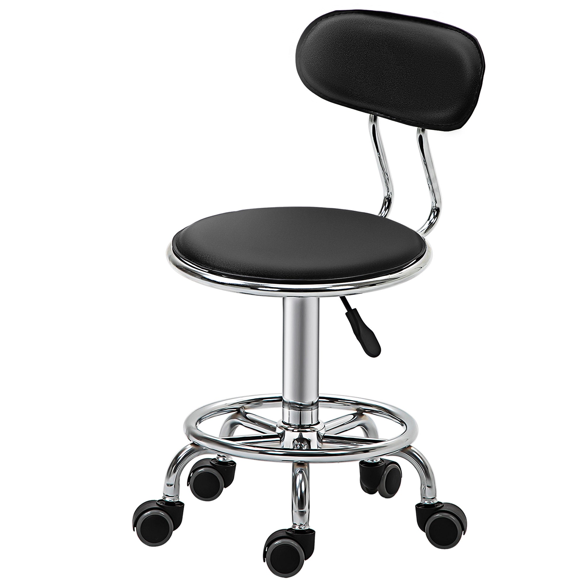 HOMCOM Height Adjustable Rolling Stool with Footrest Ring, Faux Leather Salon Stool with Back and Wheels for Beauty, Spa, Tattoo, Home Office, Black