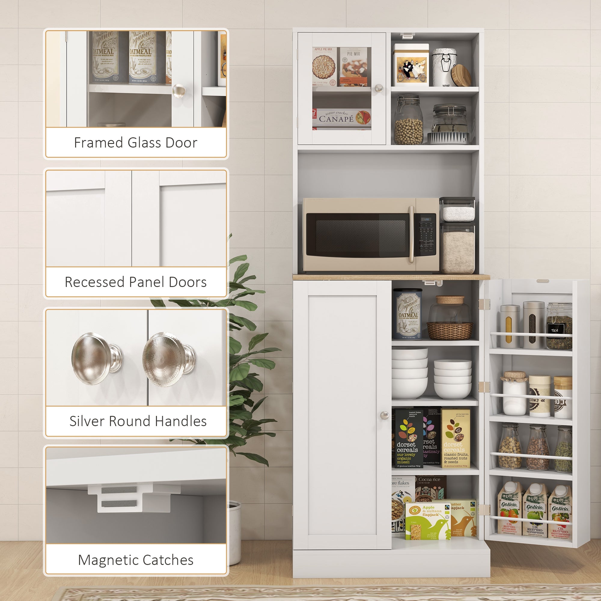 169cm Kitchen Cupboard, Freestanding Storage Cabinet with Microwave Shelf, Adjustable Shelves & 8 Door Storage, Modern Kitchen Pantry with Glass Door for Living Room, Dining Room, White