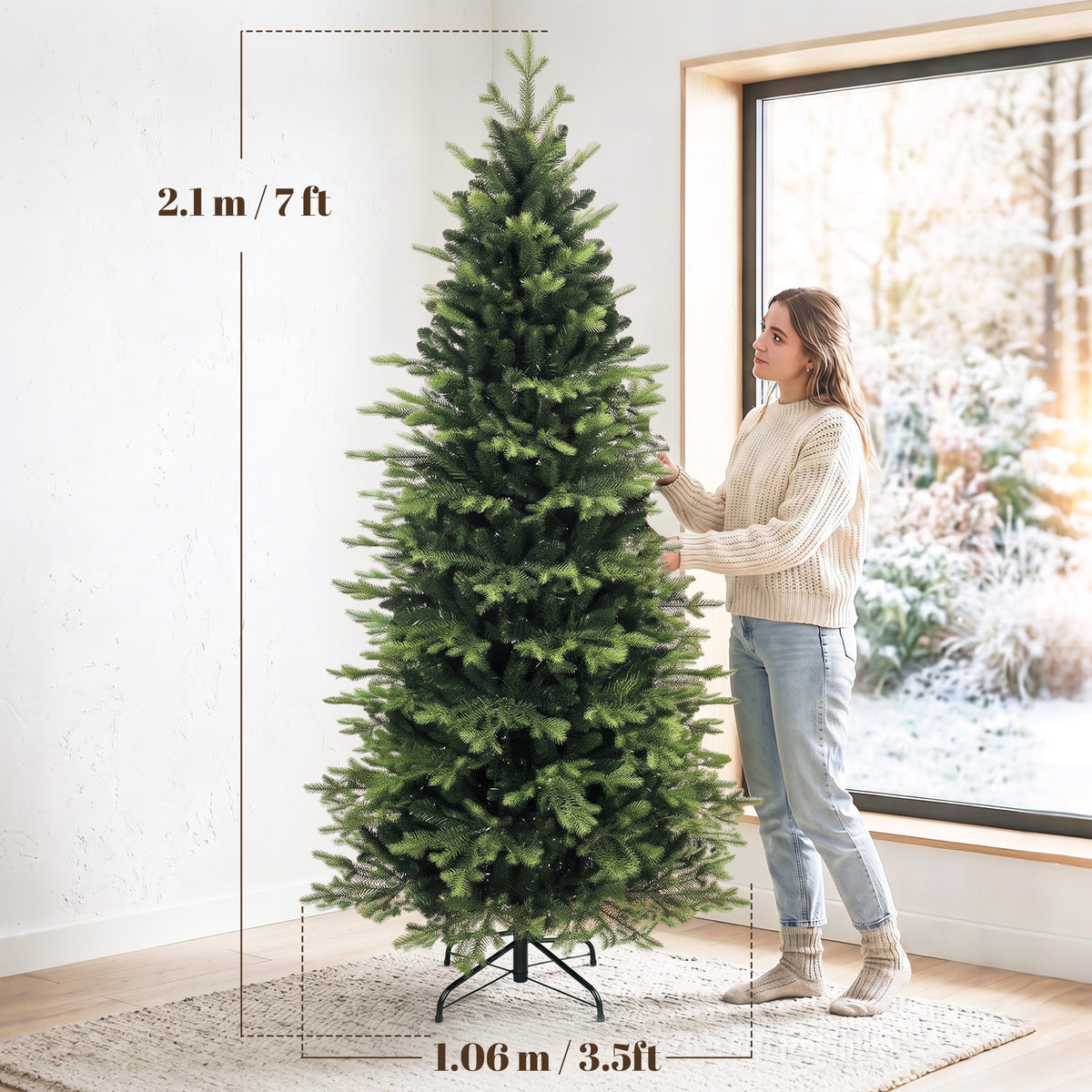 7ft/210cm Artificial Christmas Tree, Geneva Fir Hinged Xmas Tree with 2079 Branch Tips, Foldable Steel Stand, Easy Assembly for Home Office Holiday Decoration, Green