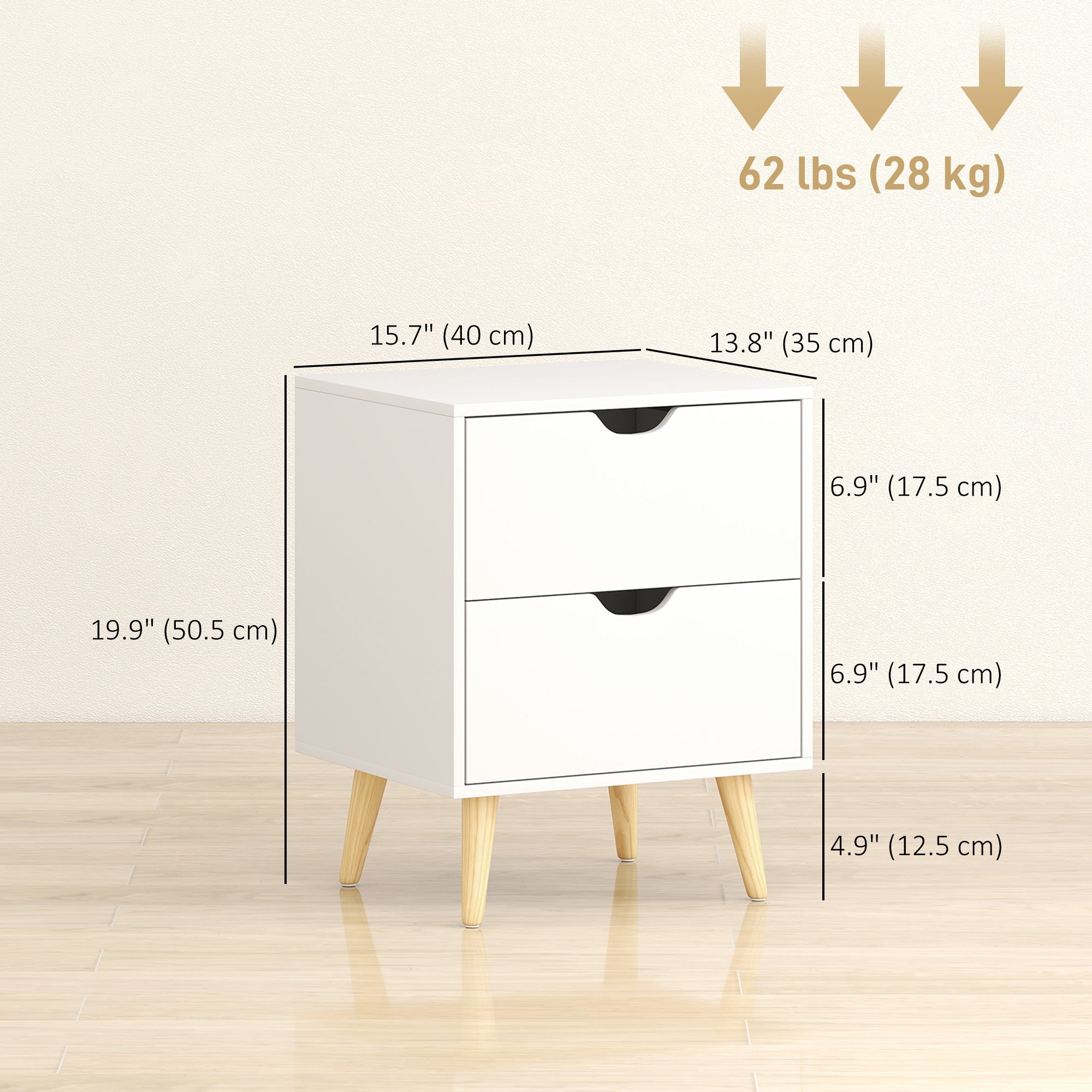 Modern Nightstand Set of 2, Bedside Table with 2 Drawers, End Table with Pine Wood Legs for Bedroom, White
