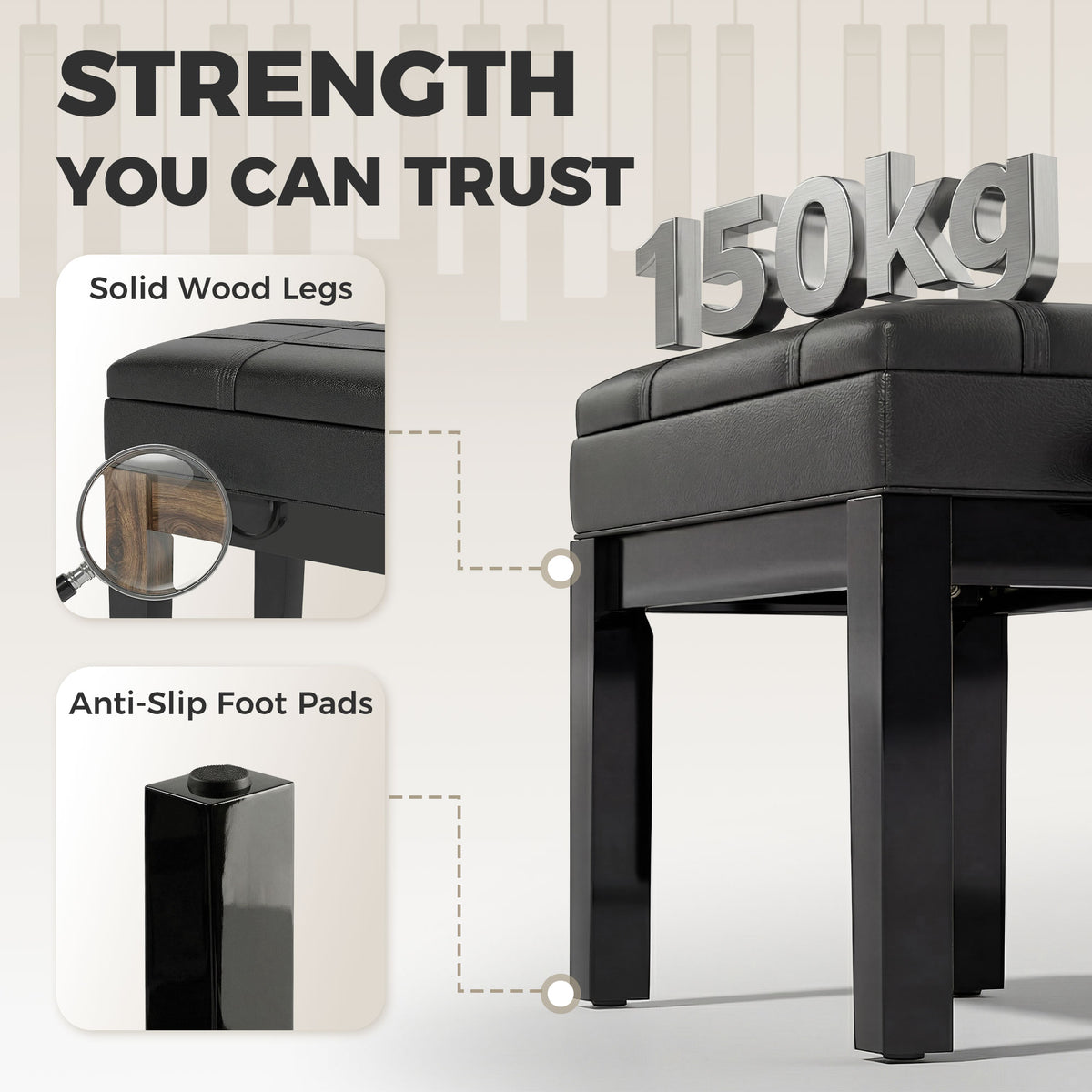 24.8" Adjustable Piano Bench with Padded Cushion and Storage, Faux Leather Keyboard Bench with Solid Wood Legs, Black