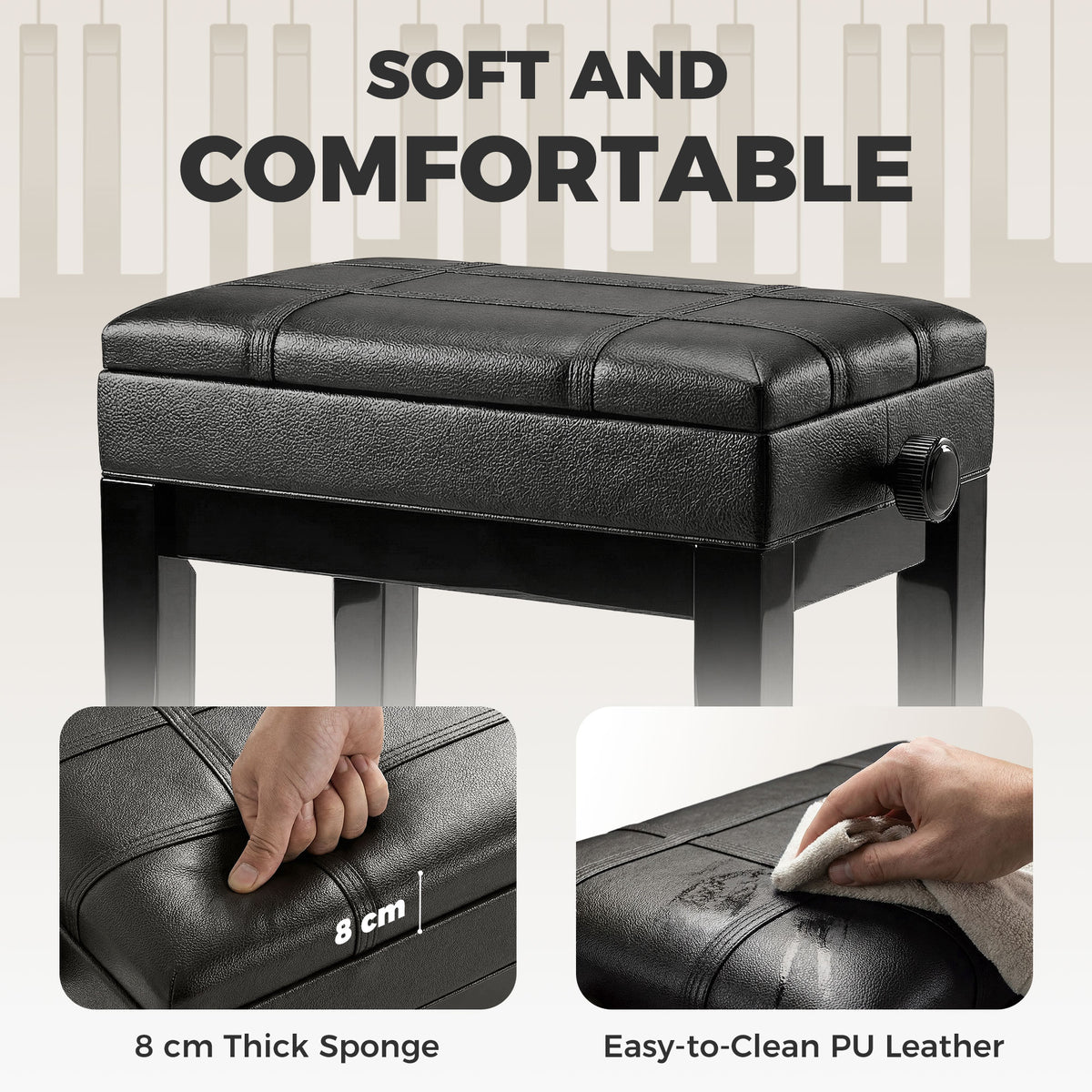 24.8" Adjustable Piano Bench with Padded Cushion and Storage, Faux Leather Keyboard Bench with Solid Wood Legs, Black