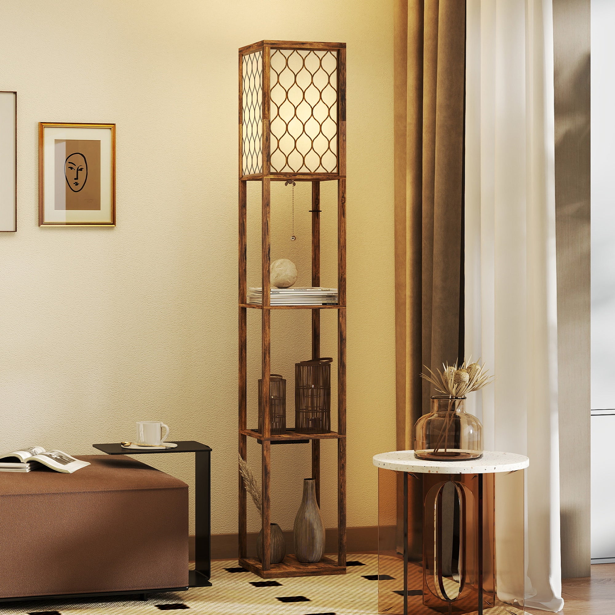 Floor Lamp with Shelves, Single Light, Modern Tall Standing Lamps for Living Room, Bedroom, with Chain Switch, Bulb not Included, Rustic Brown