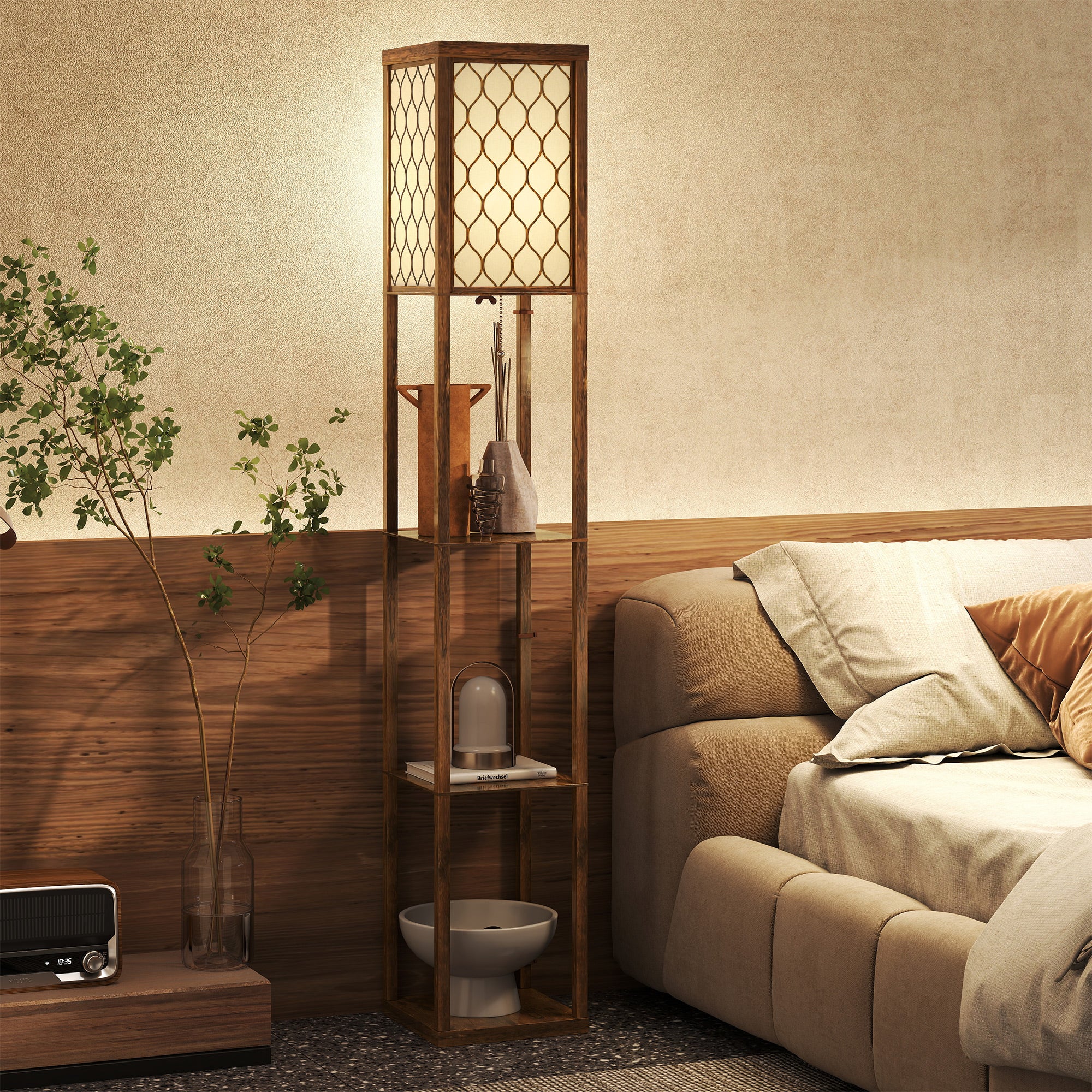 Floor Lamp with Shelves, Single Light, Modern Tall Standing Lamps for Living Room, Bedroom, with Chain Switch, Bulb not Included, Rustic Brown