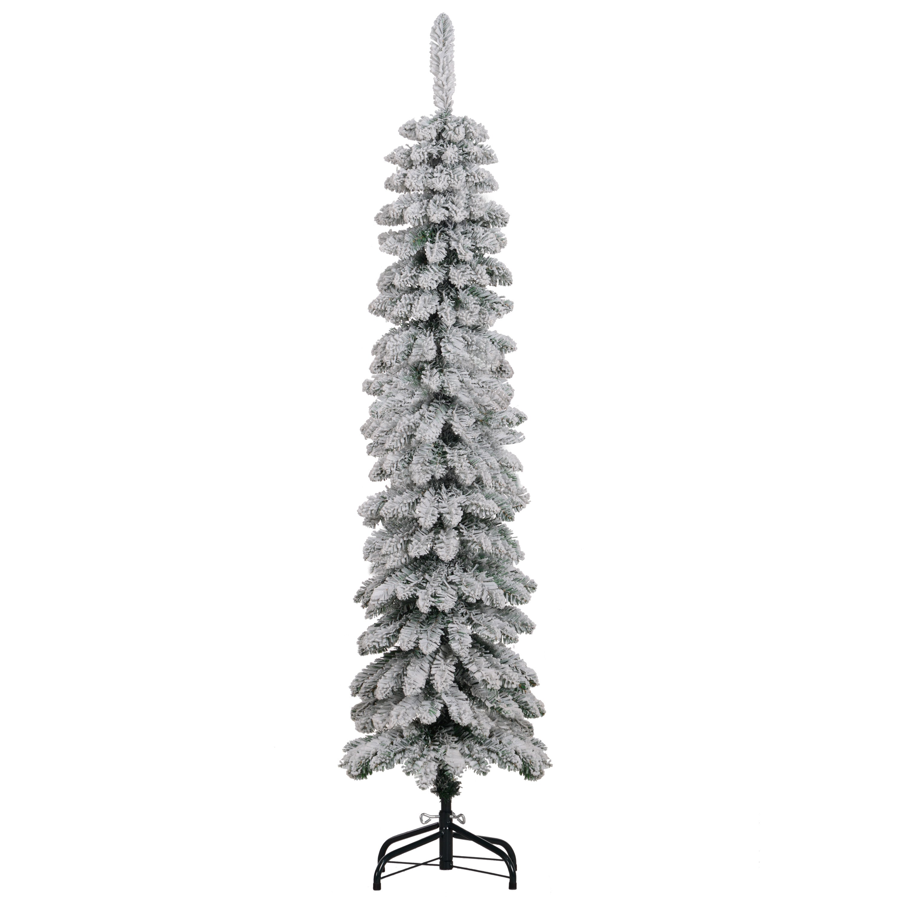 HOMCOM 5 FT Snow-Flocked Artificial Christmas Tree, Slim Pencil Xmas Tree with Realistic Branches, Metal Base, Green